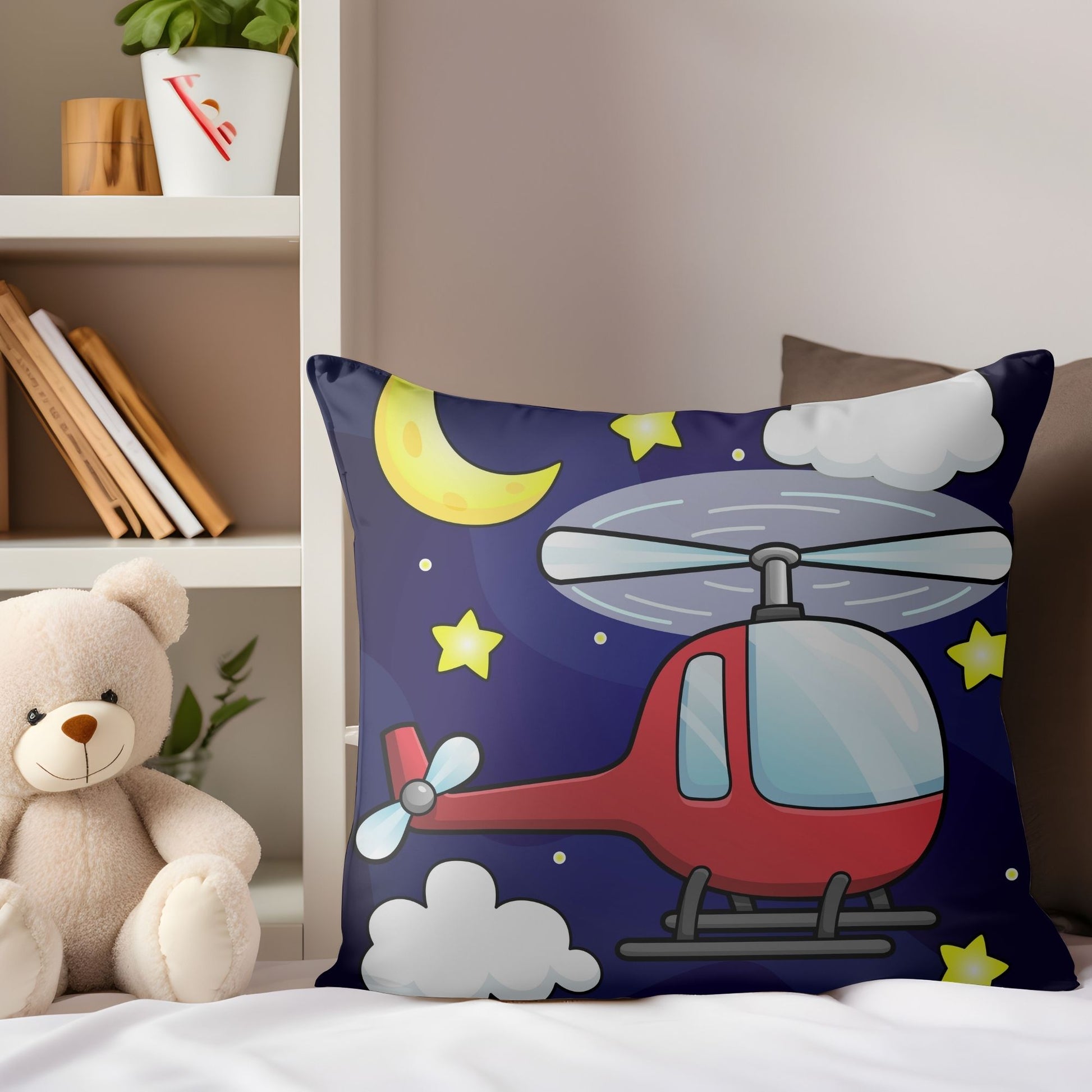 Soft pillow featuring a red helicopter design for children's bedrooms.