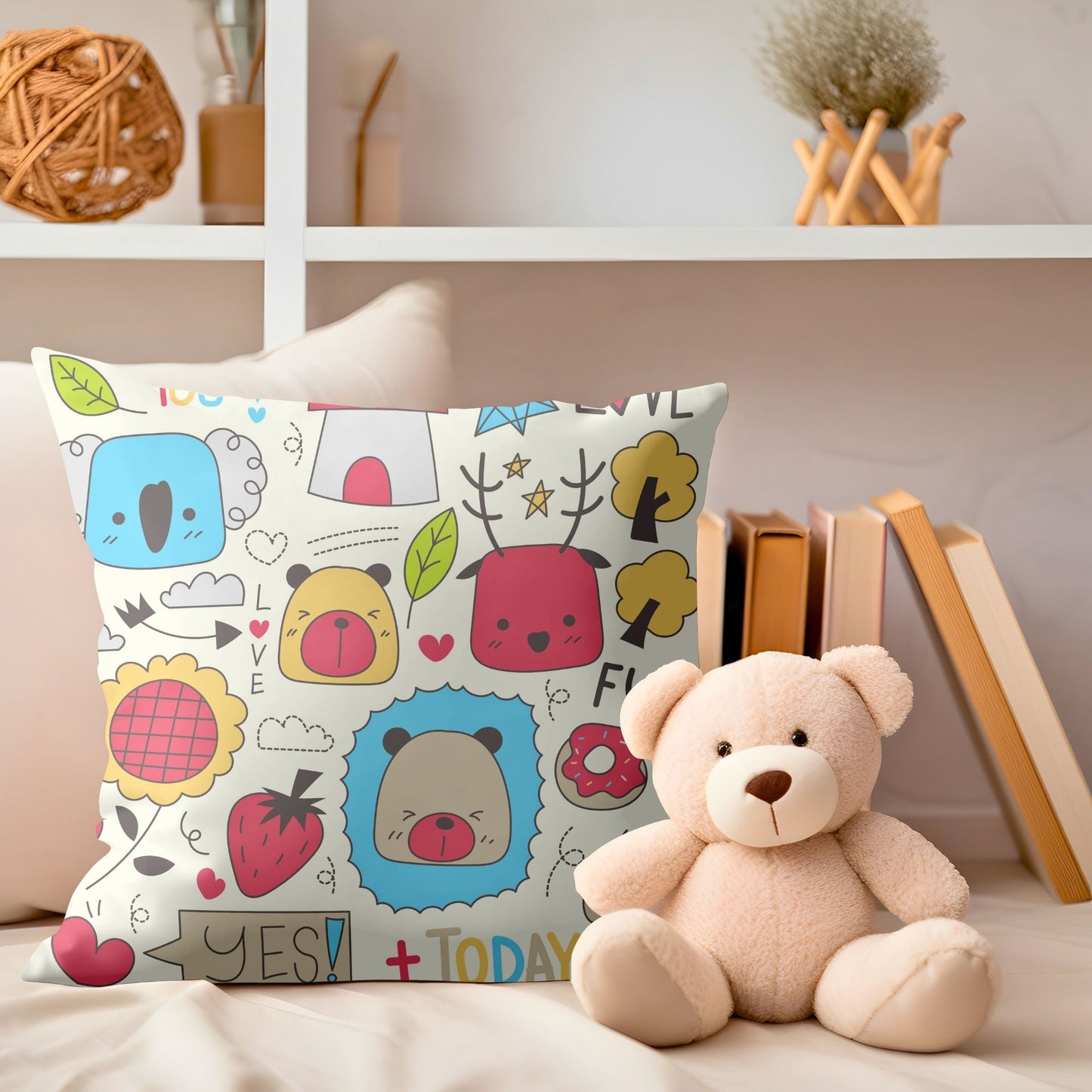 Soft pillow adorned with adorable animal prints for children's rooms.