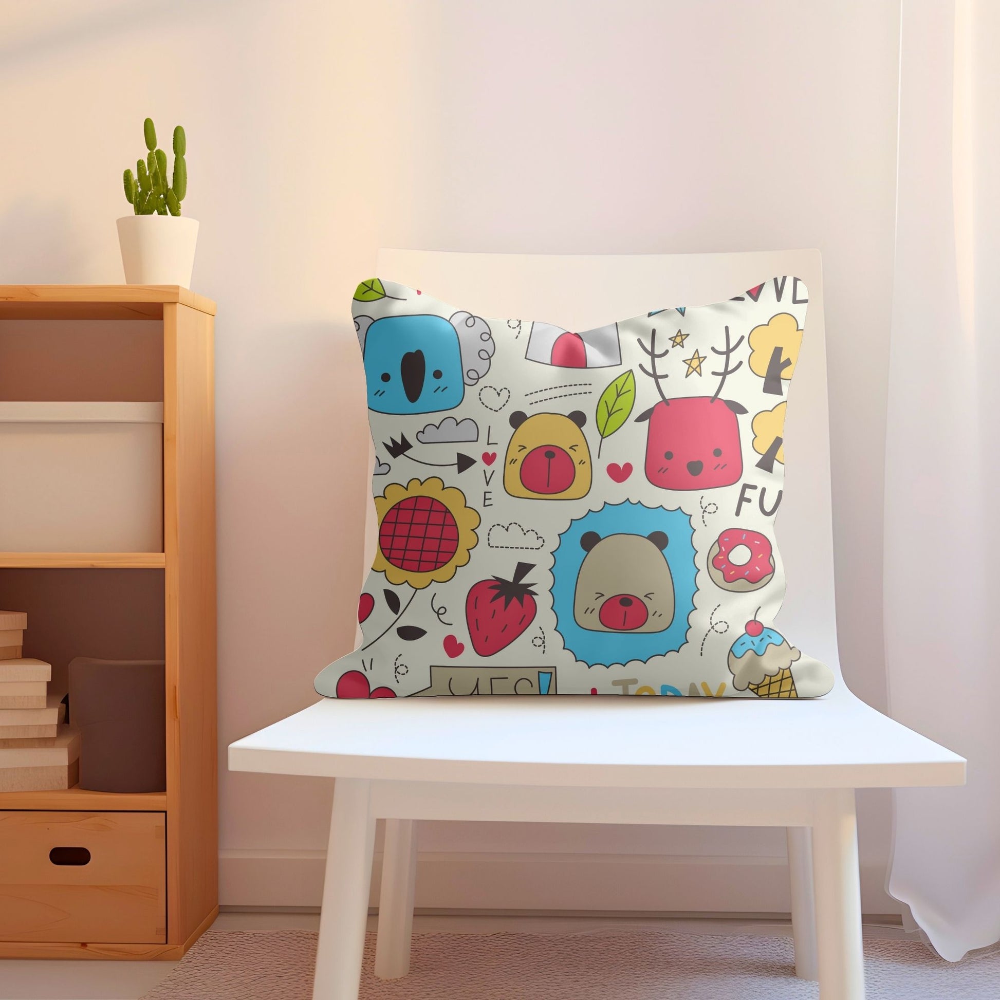 Whimsical kids pillow showcasing a variety of cute animals for imaginative play.