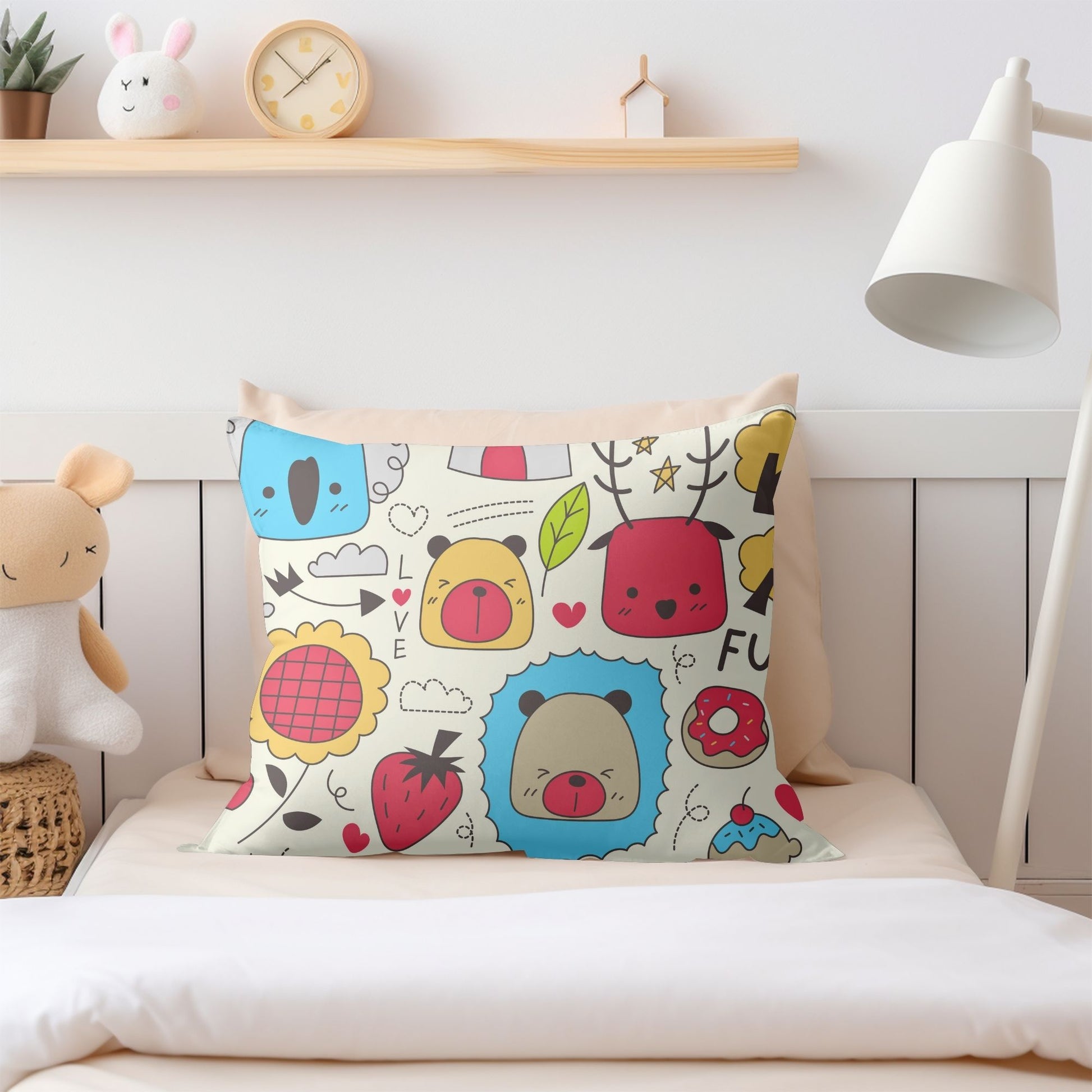 Cozy pillow with delightful animal patterns for children's comfort.