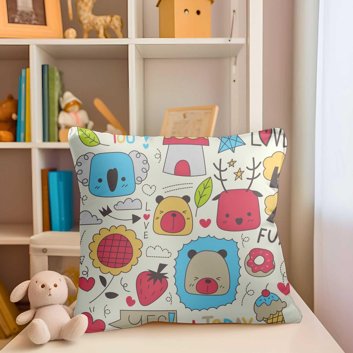 Vibrant kids pillow with charming animal designs for a whimsical atmosphere.