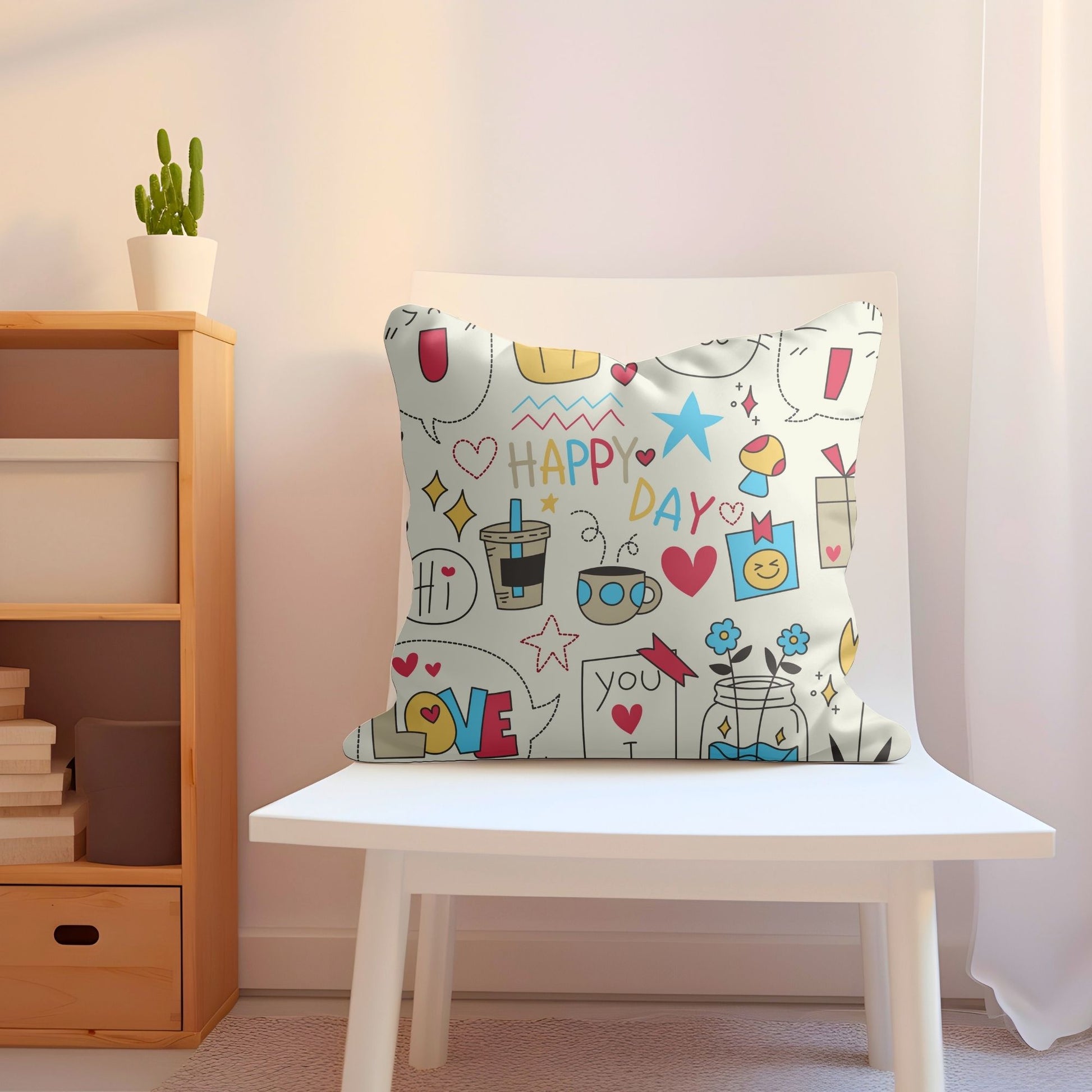 Cozy pillow with a delightful "Happy Day" pattern for children's comfort.