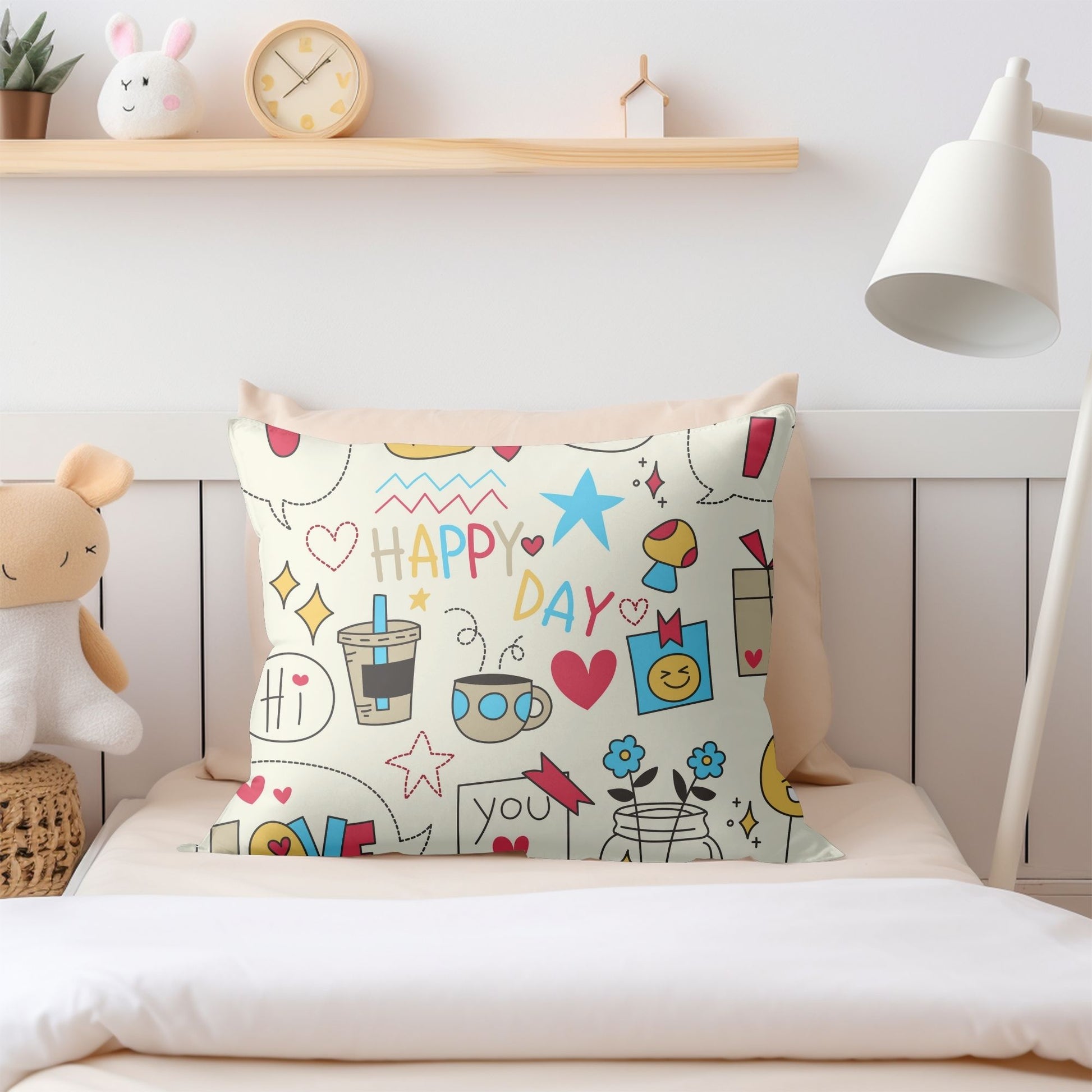 "Happy Day" kids pillow featuring cheerful design for joyful dreams.