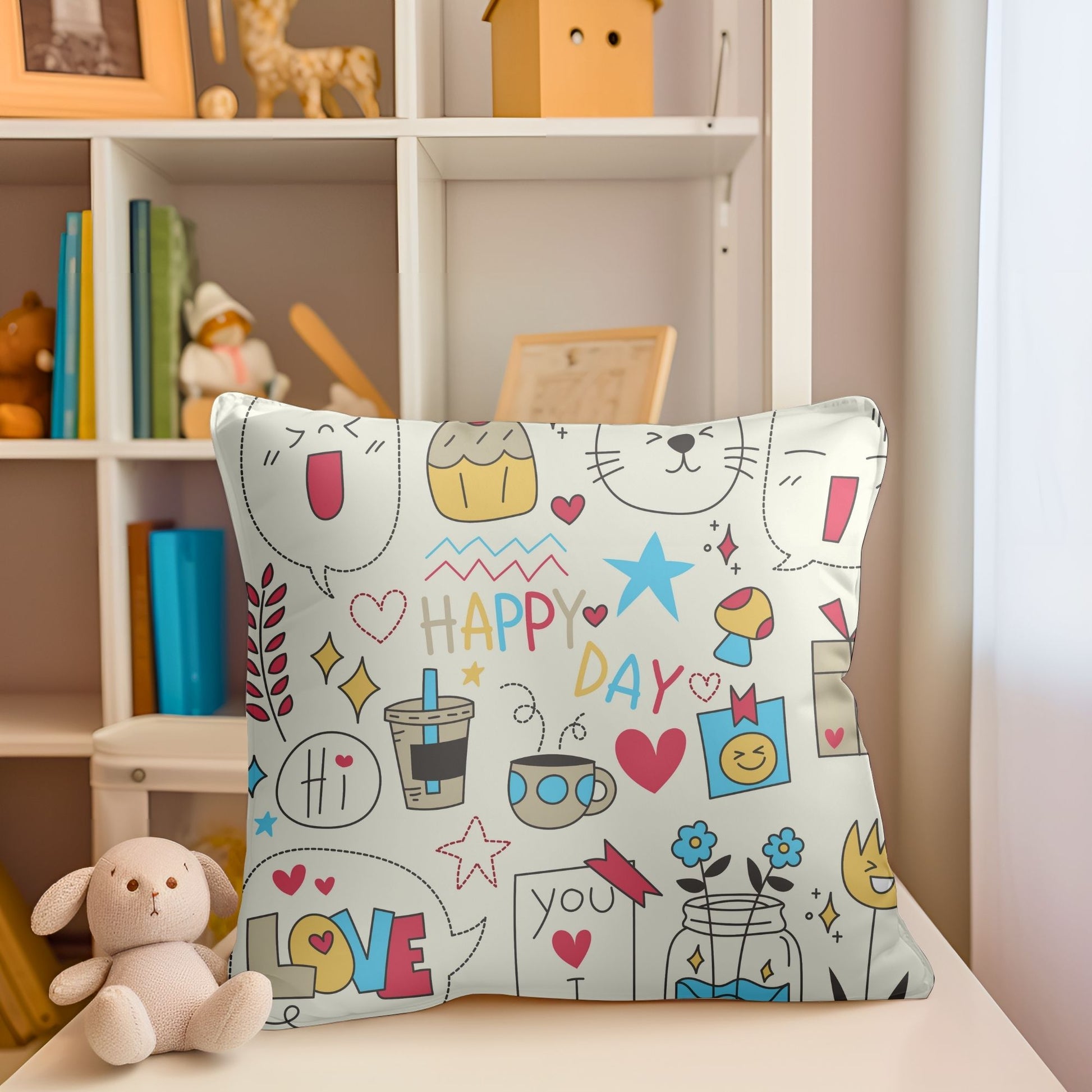 Adorable "Happy Day" patterned pillow to add a smile to kids' bedrooms.