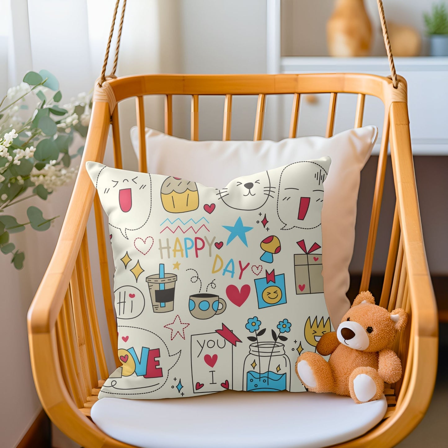 Vibrant kids pillow with a happy and colorful design for a cheerful ambiance.
