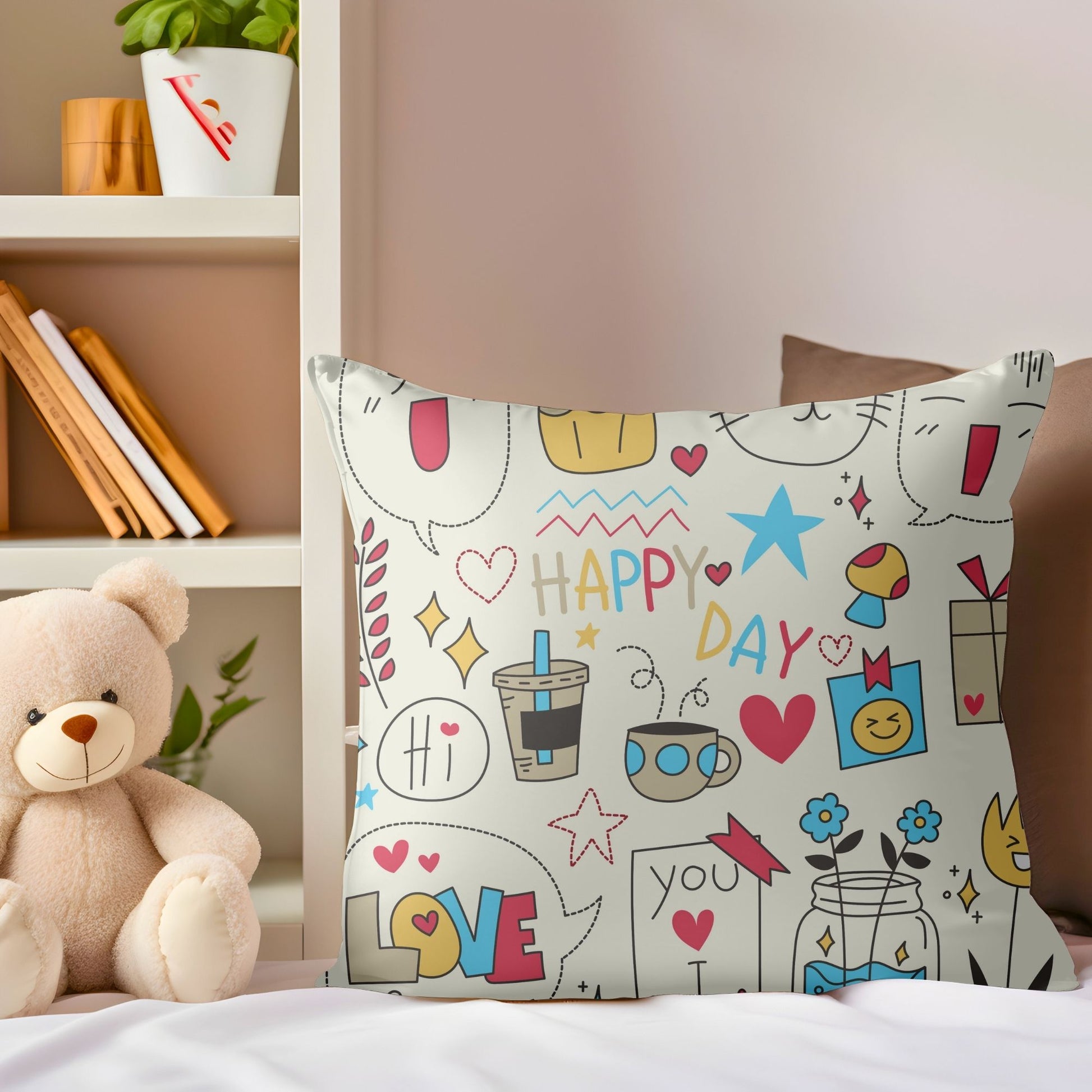 Soft pillow adorned with a "Happy Day" motif for children's rooms.