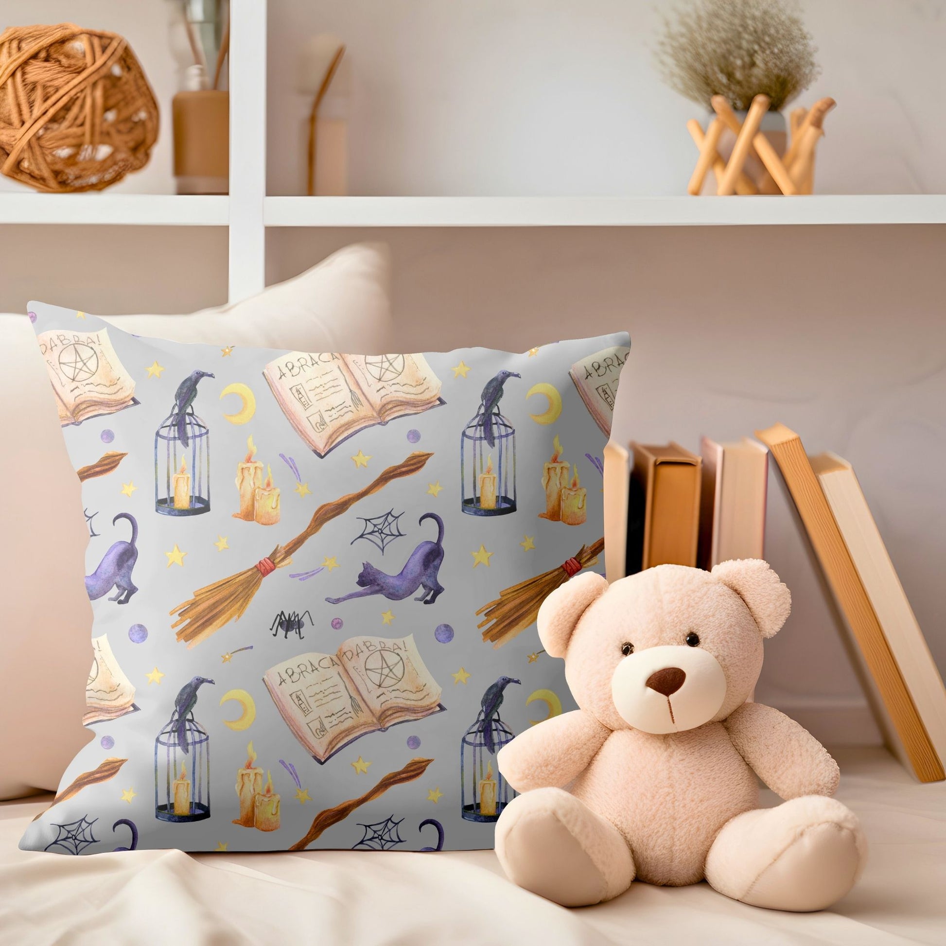 Whimsical kids pillow showcasing a variety of wizarding elements for imaginative play.