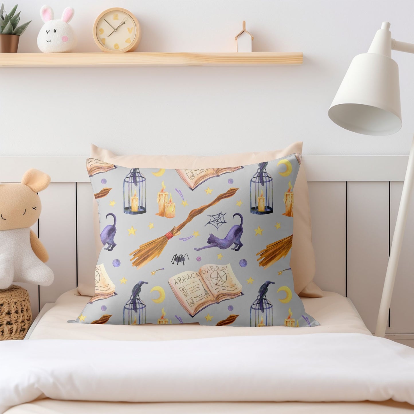 Fun-filled pillow featuring magical wizarding designs for kids' spaces.