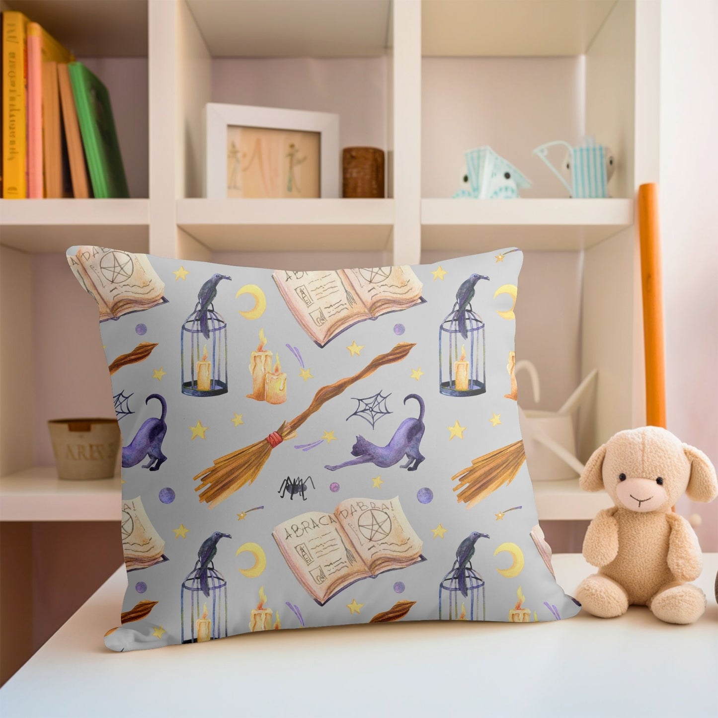 Charming kids pillow adorned with a wizarding theme for a mystical atmosphere.