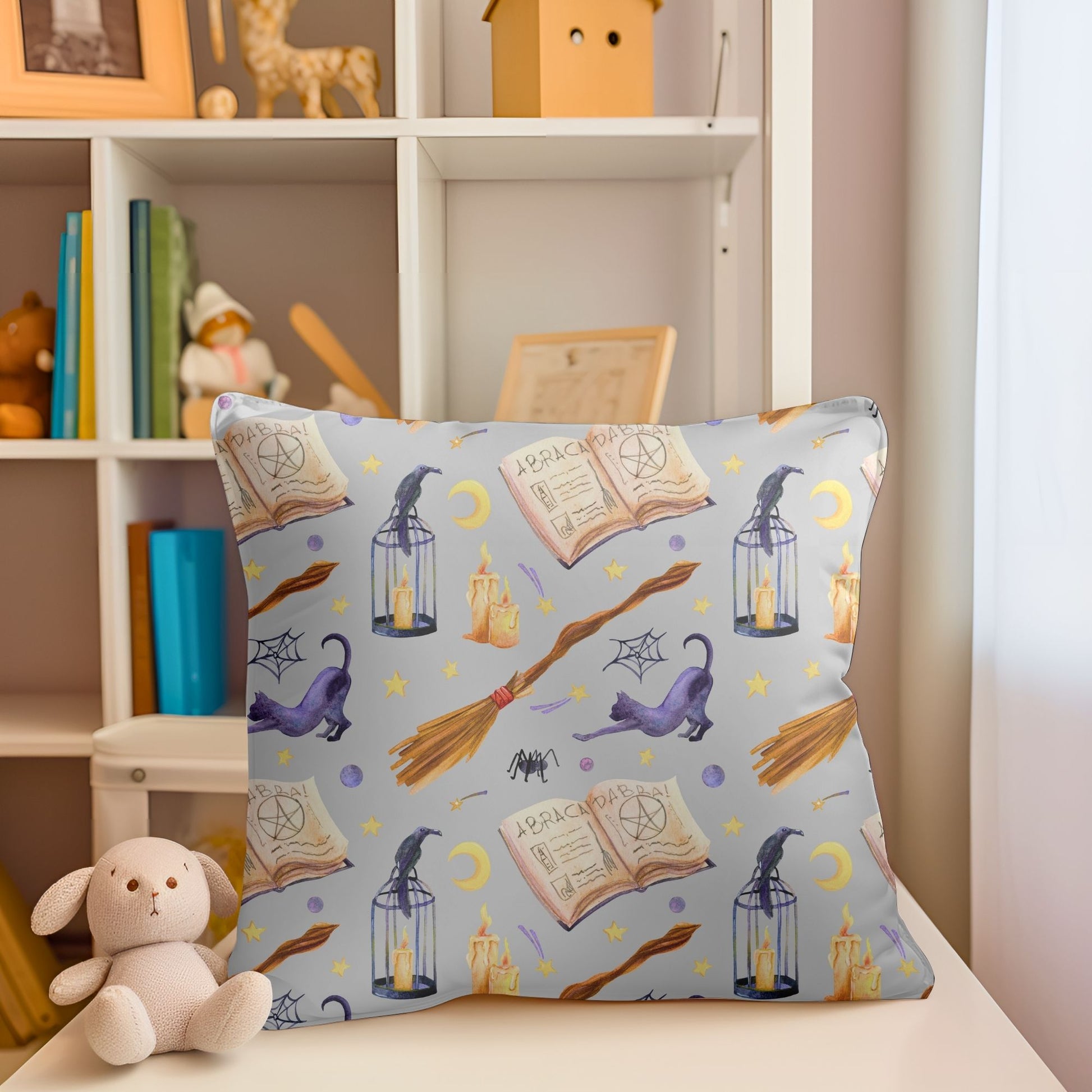 Adorable wizarding patterned pillow to add a touch of magic to kids' bedrooms.