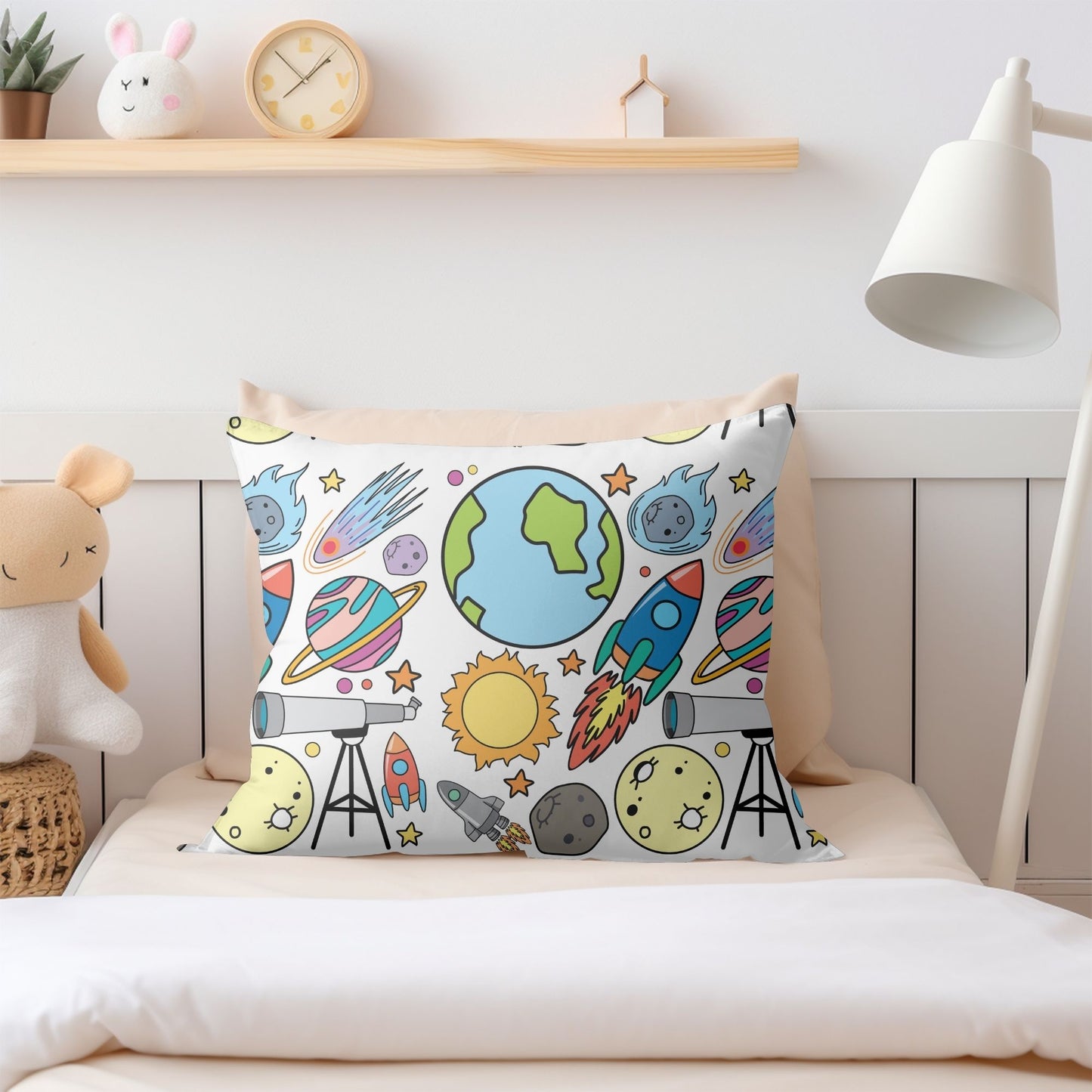 Fun-filled pillow featuring colorful skyrockets for nursery ambiance.