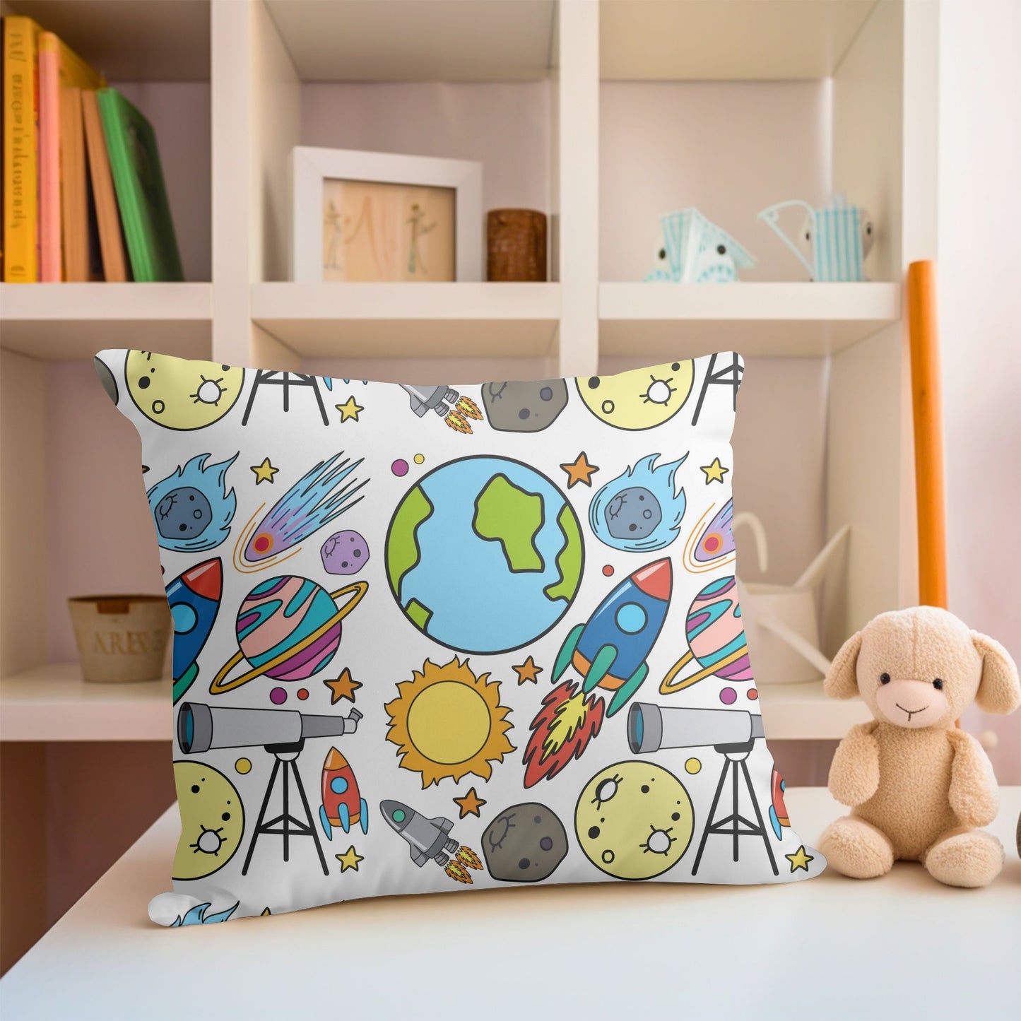 Baby room pillow featuring a skyrockets pattern for celestial dreams.