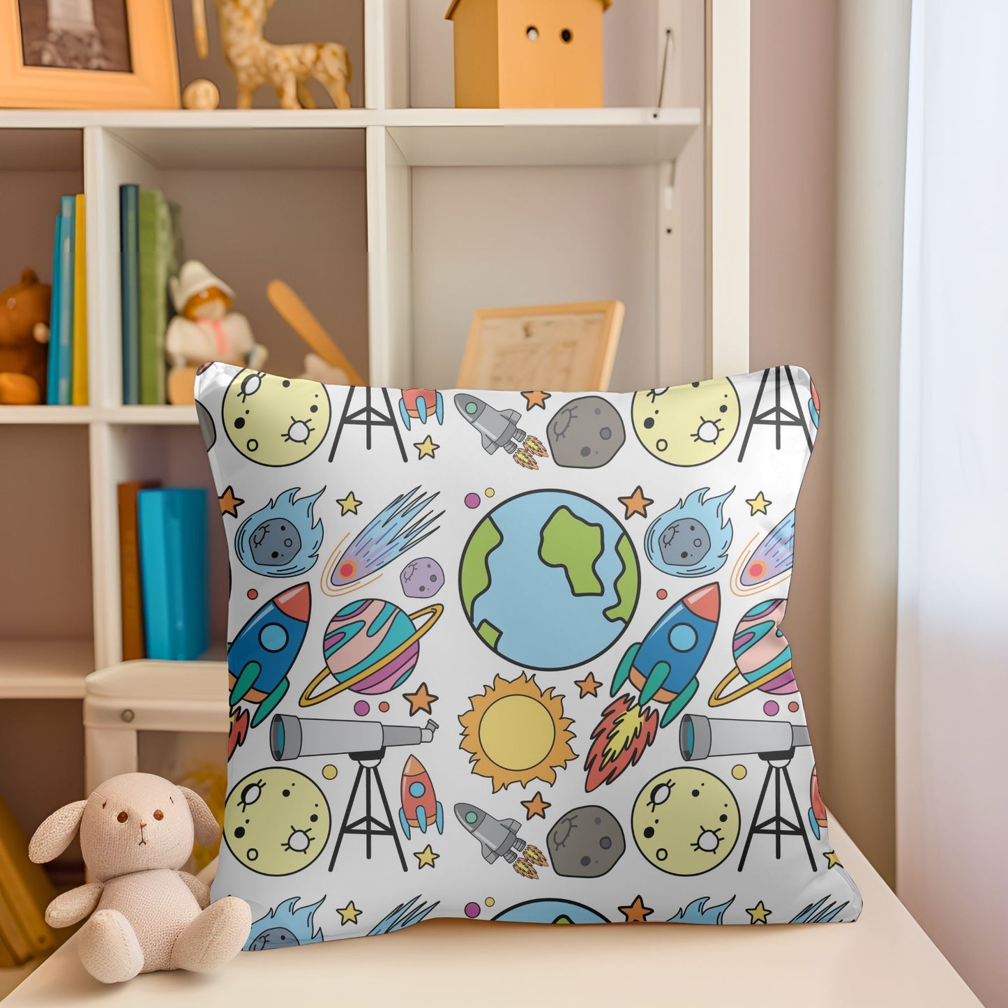 Charming baby room pillow adorned with a skyrockets theme.
