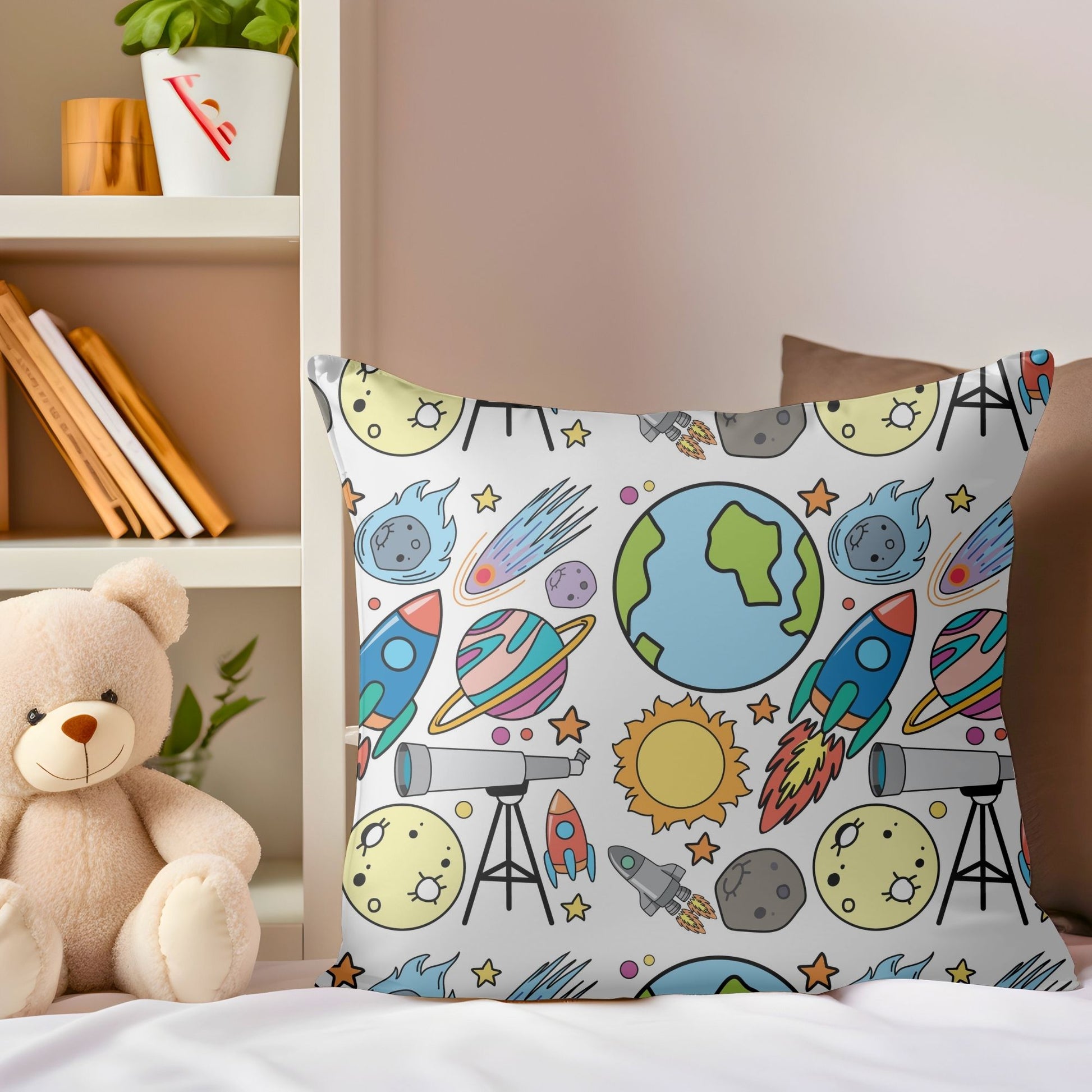 Soft pillow adorned with skyrockets pattern for nursery decor.