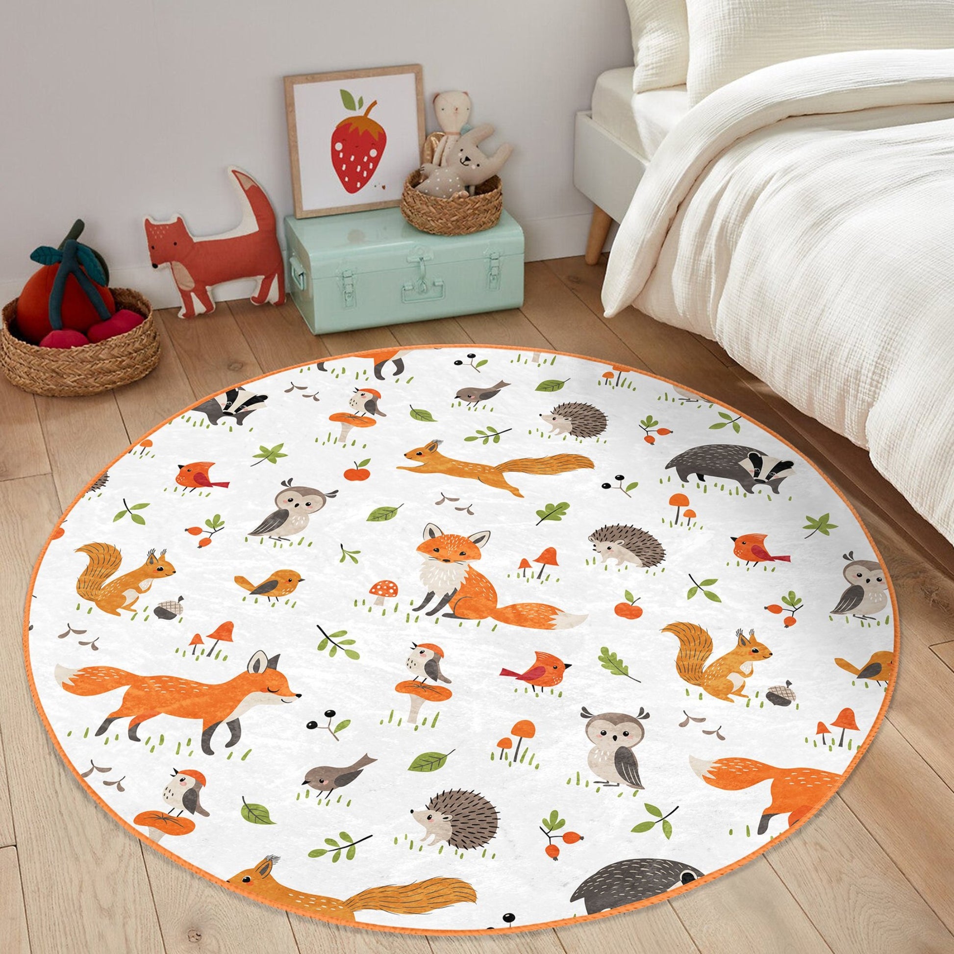 Rug with Playful Fox in an Enchanted Forest Illustration