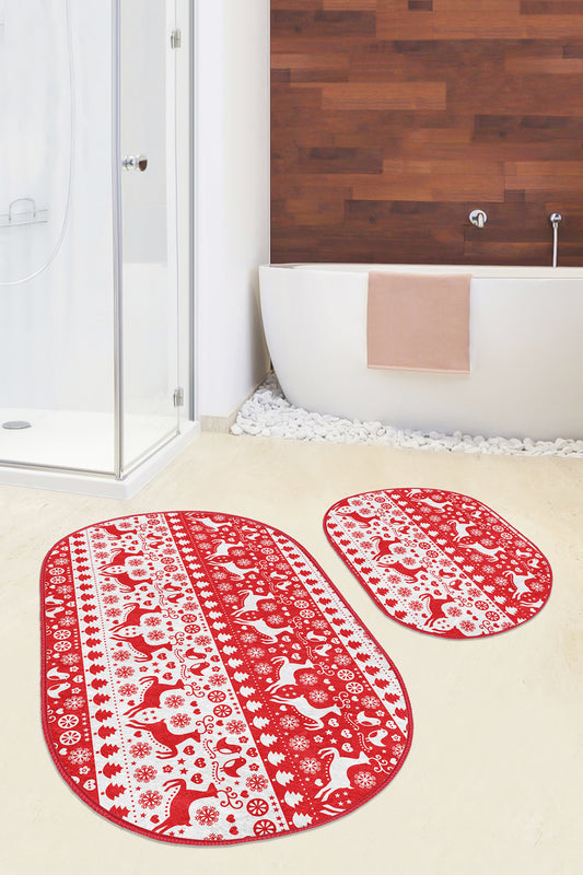 Red and White Christmas Bath Mat Set