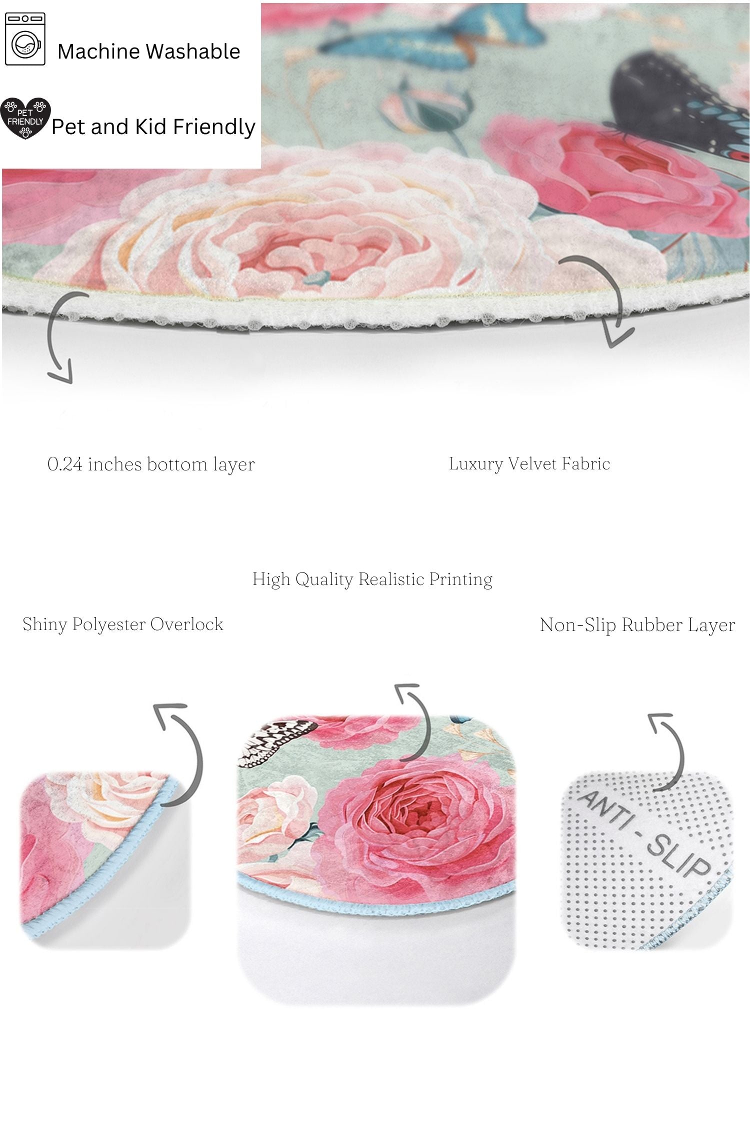 Beautiful Pink Rose Pattern Bath Mat Set
