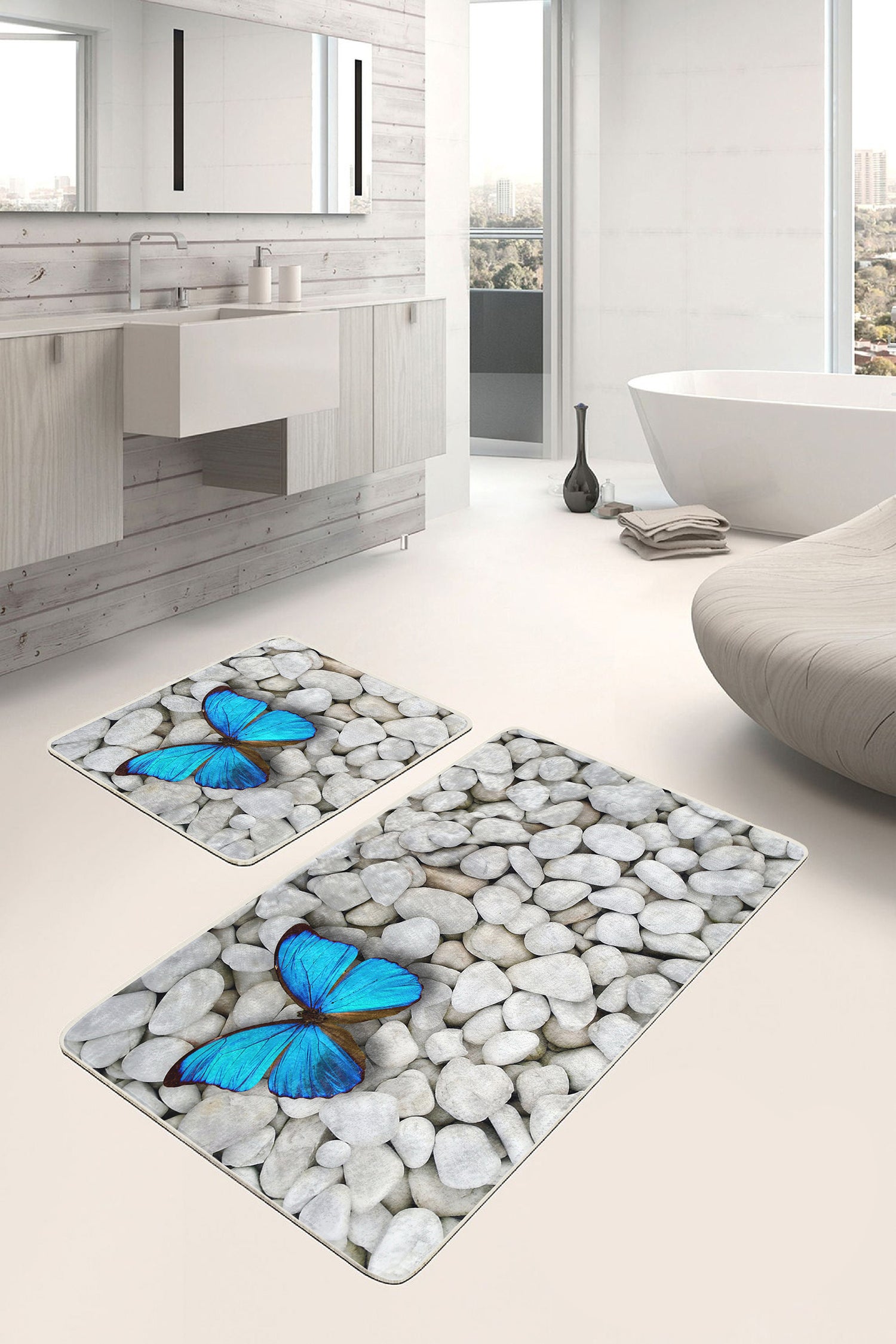 Chic and Inviting Mat with Blue Butterflies for a Trendy Bathroom