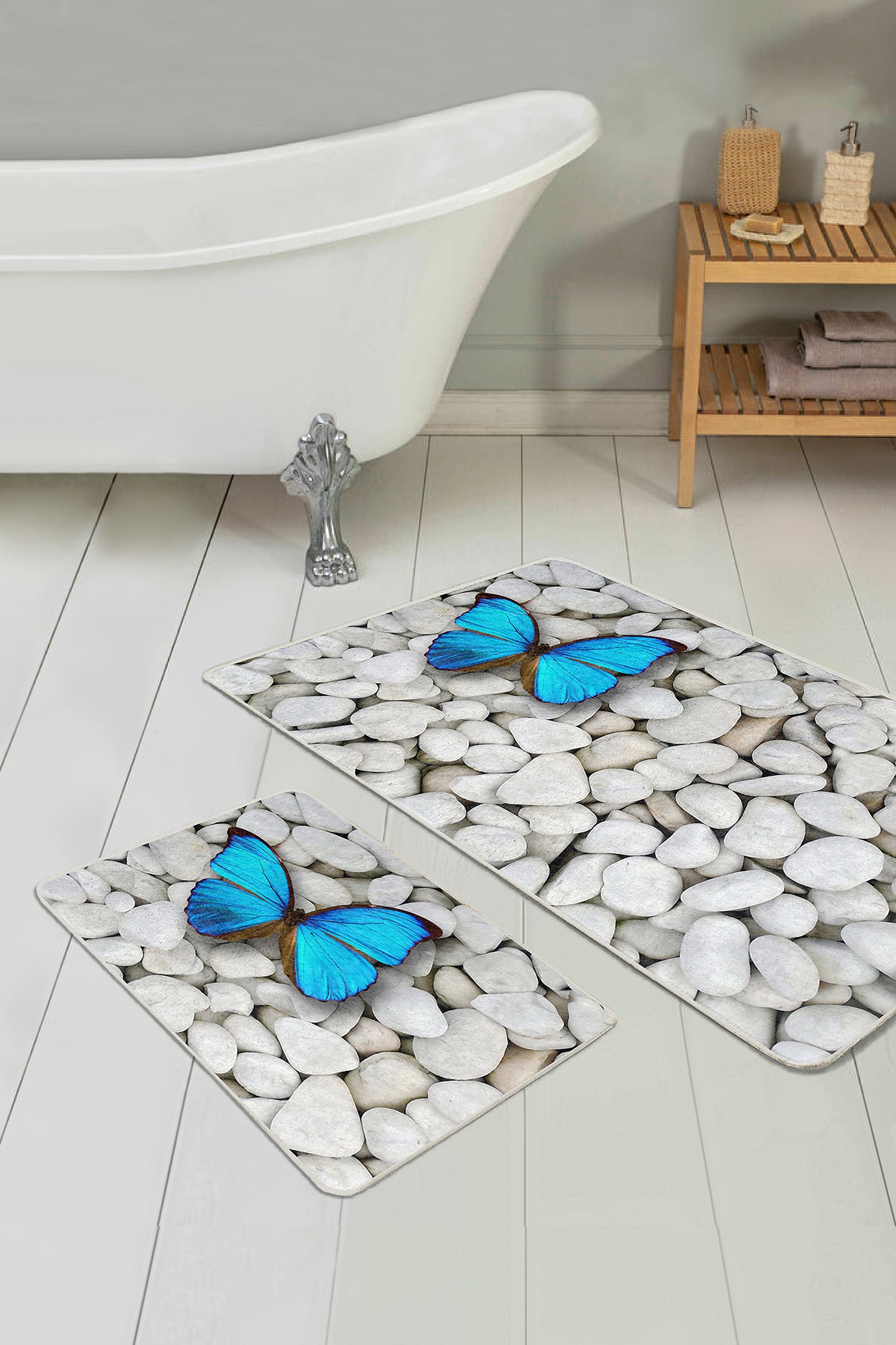 Serene Elegance Mat with Blue Butterfly Decorative Design