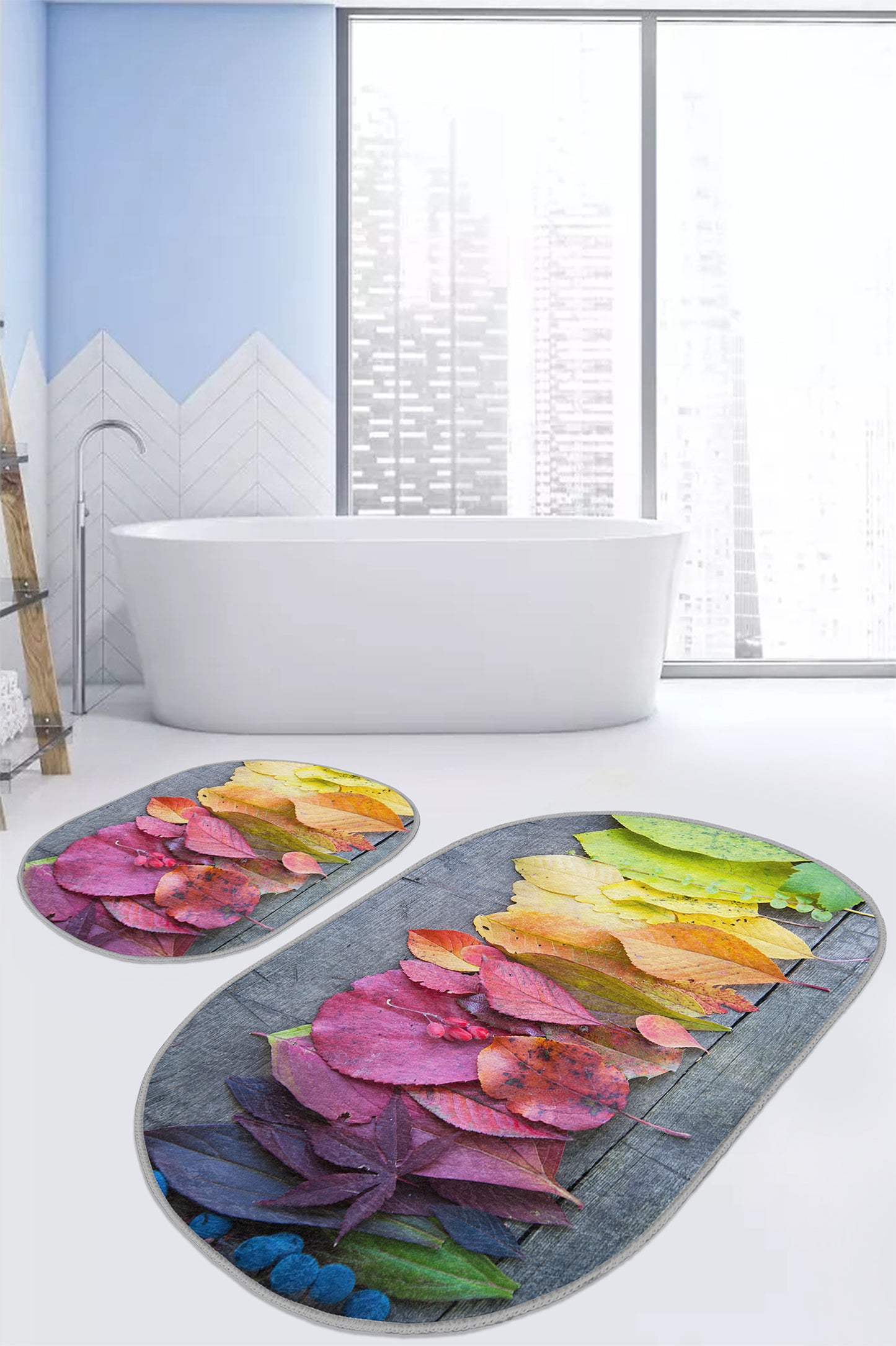 Colorful Leaf Pattern Bath Mat Set - Front View