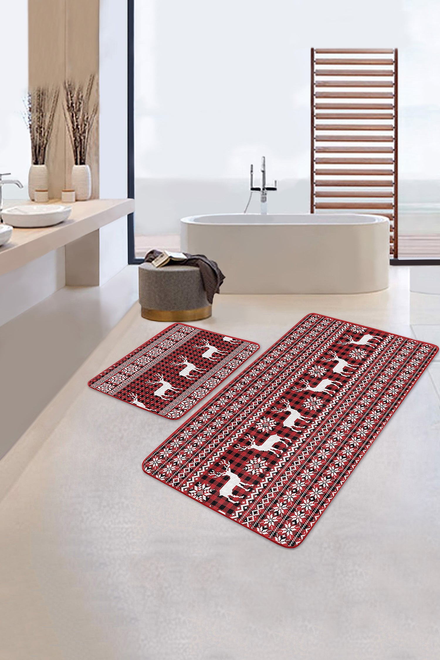 High-Quality Red Snowflake Pattern Bath Mat Set for Stylish Winter Decor