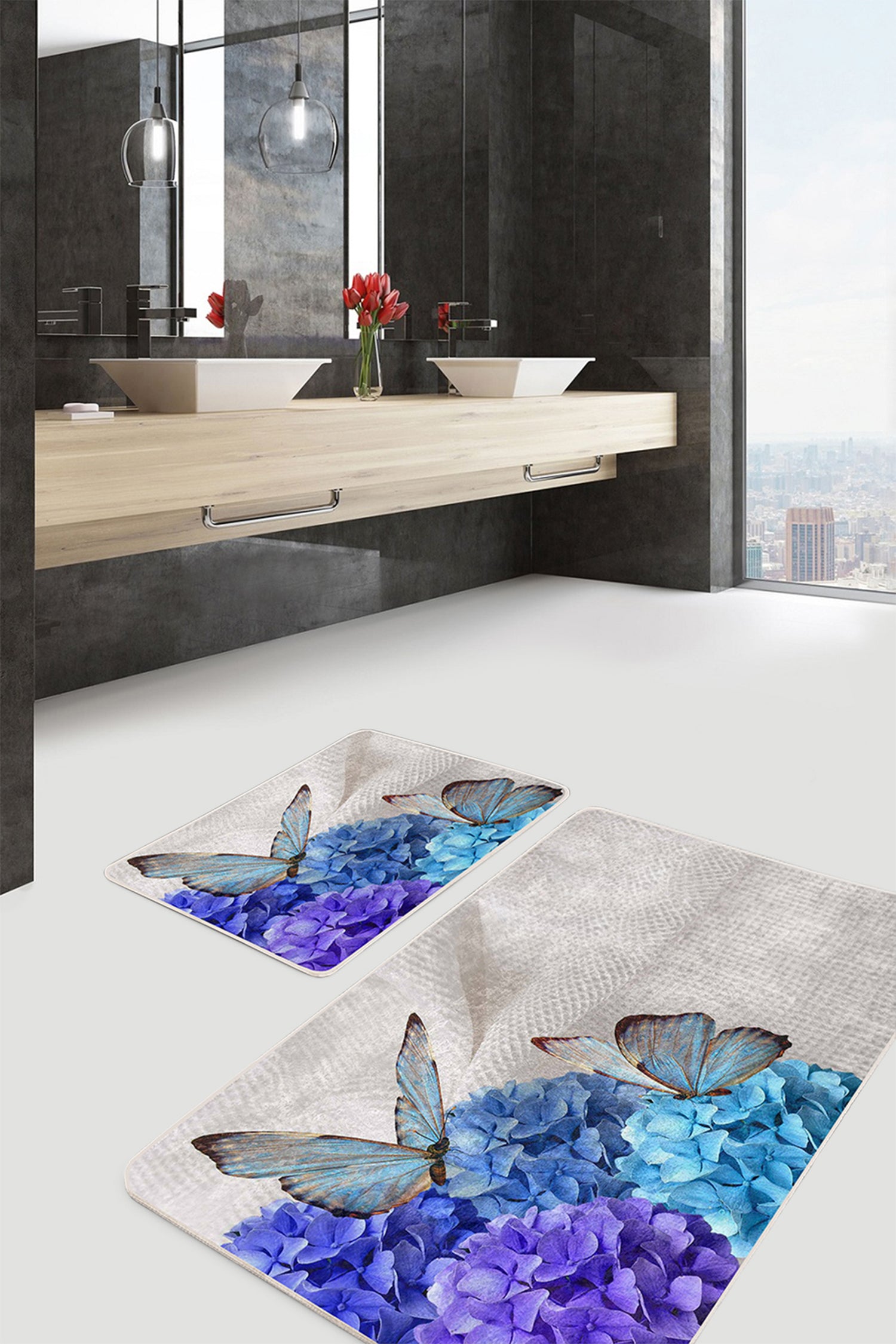 Chic and Inviting Mat with Purple Flowers and Butterflies for a Trendy Bathroom