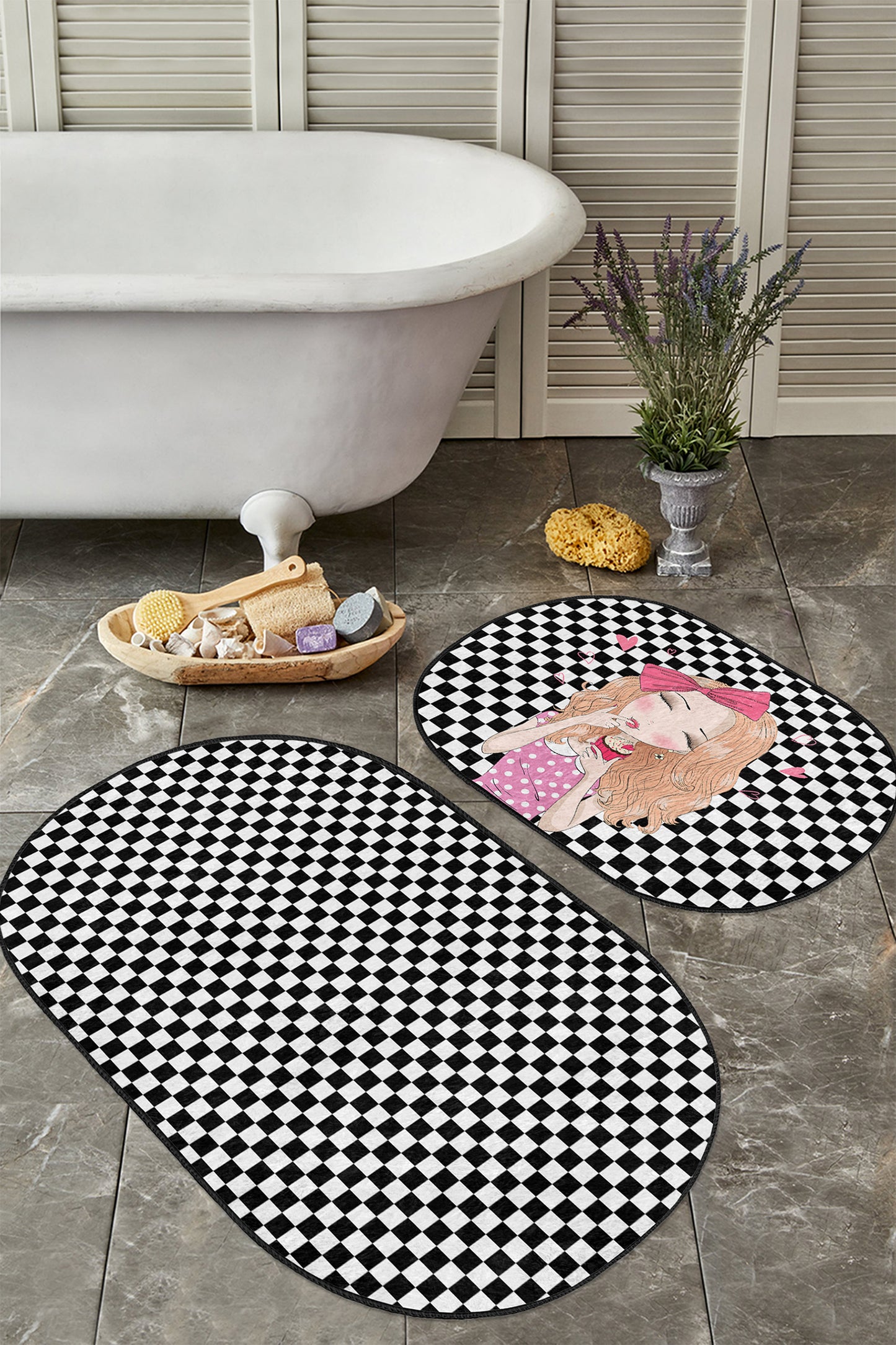 Checkered Girl Pattern Bath Mat Set