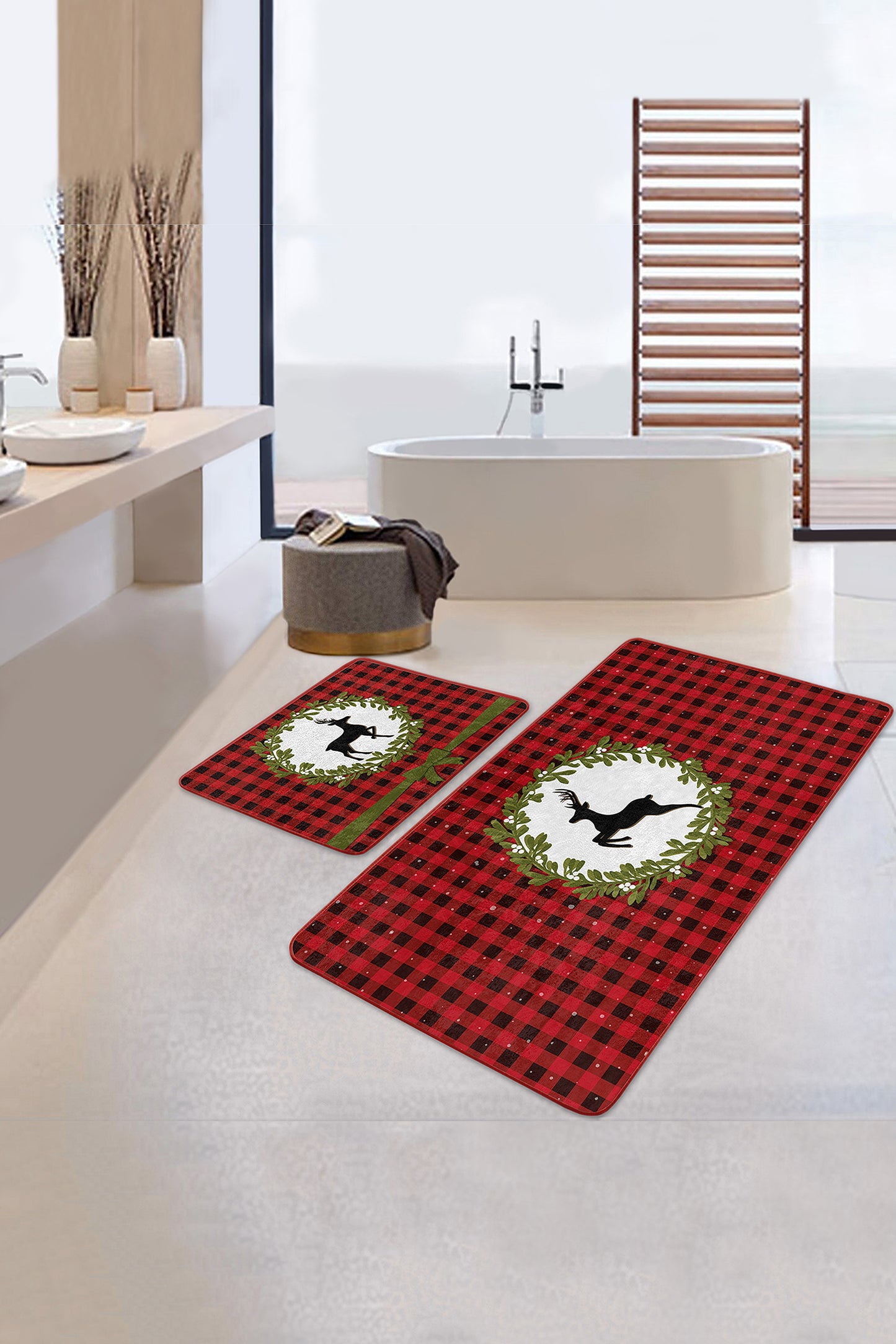 Decorative Bath Mat Set with a Charming Array of Red Christmas Patterns