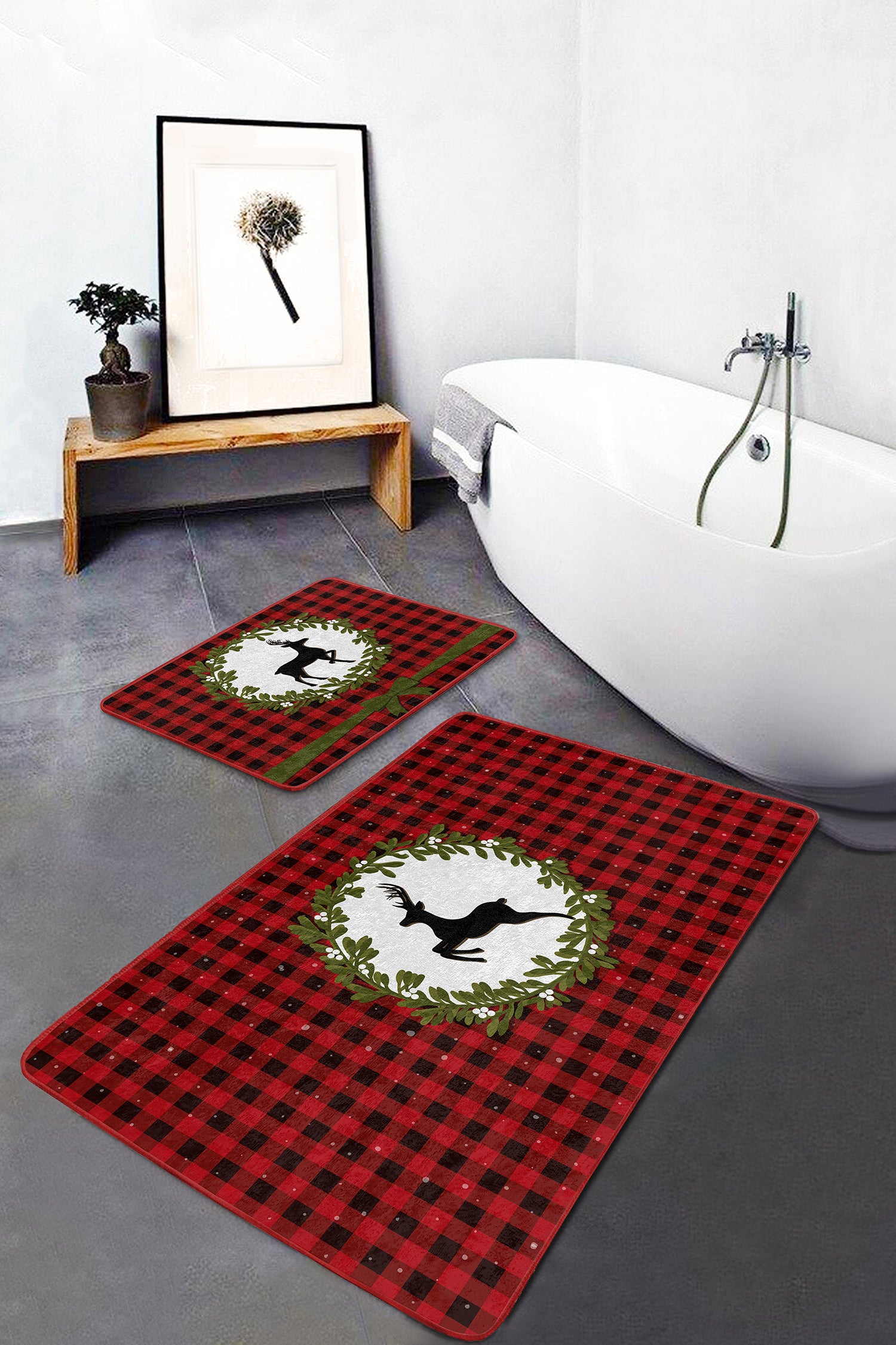 Red Christmas Bath Mat Set - Front View