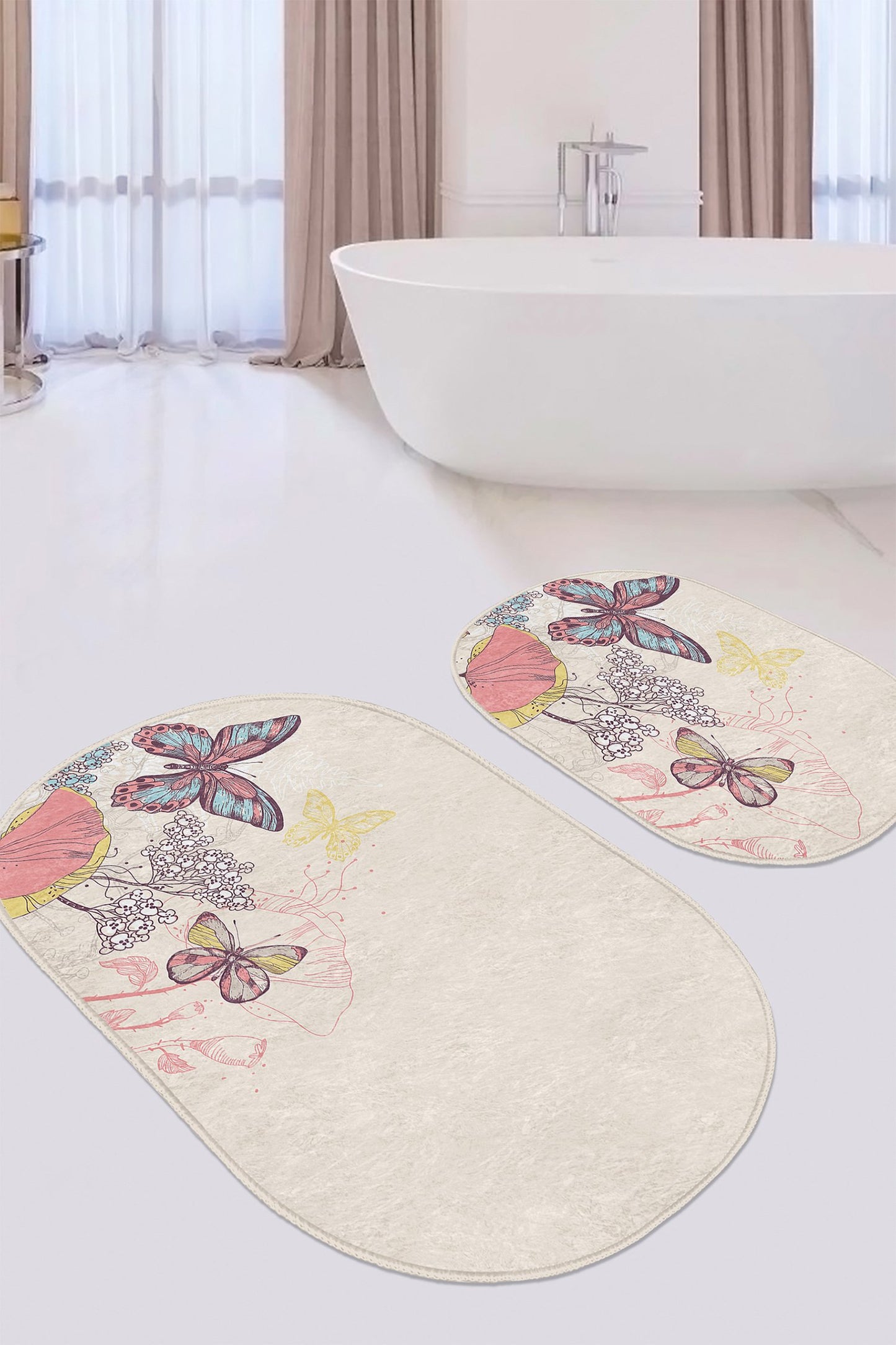 Decorative Bath Mat Set with a Charming Array of Oval Butterfly Patterns