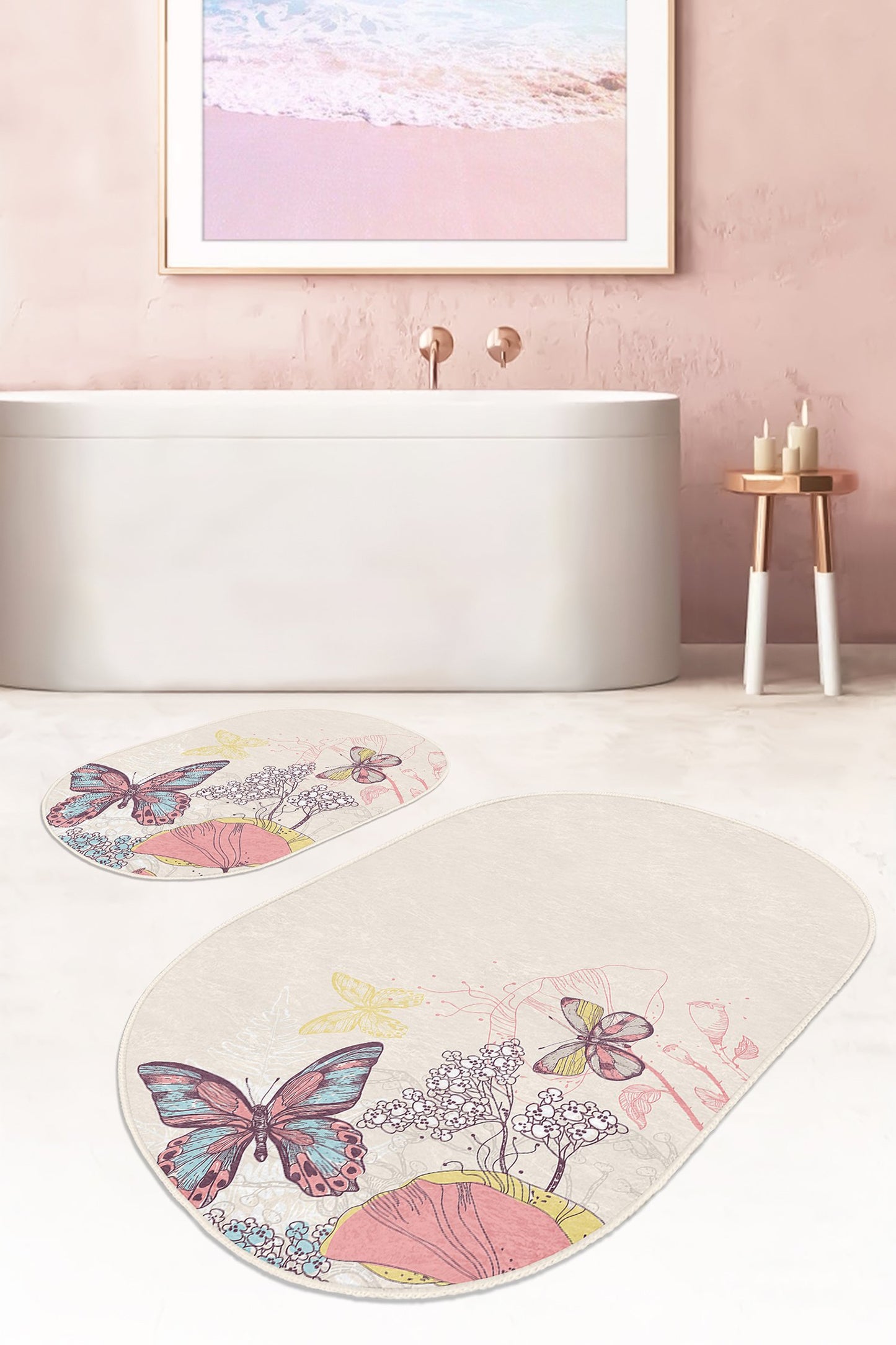 Oval Butterfly Decorative Bath Mat Set - Front View