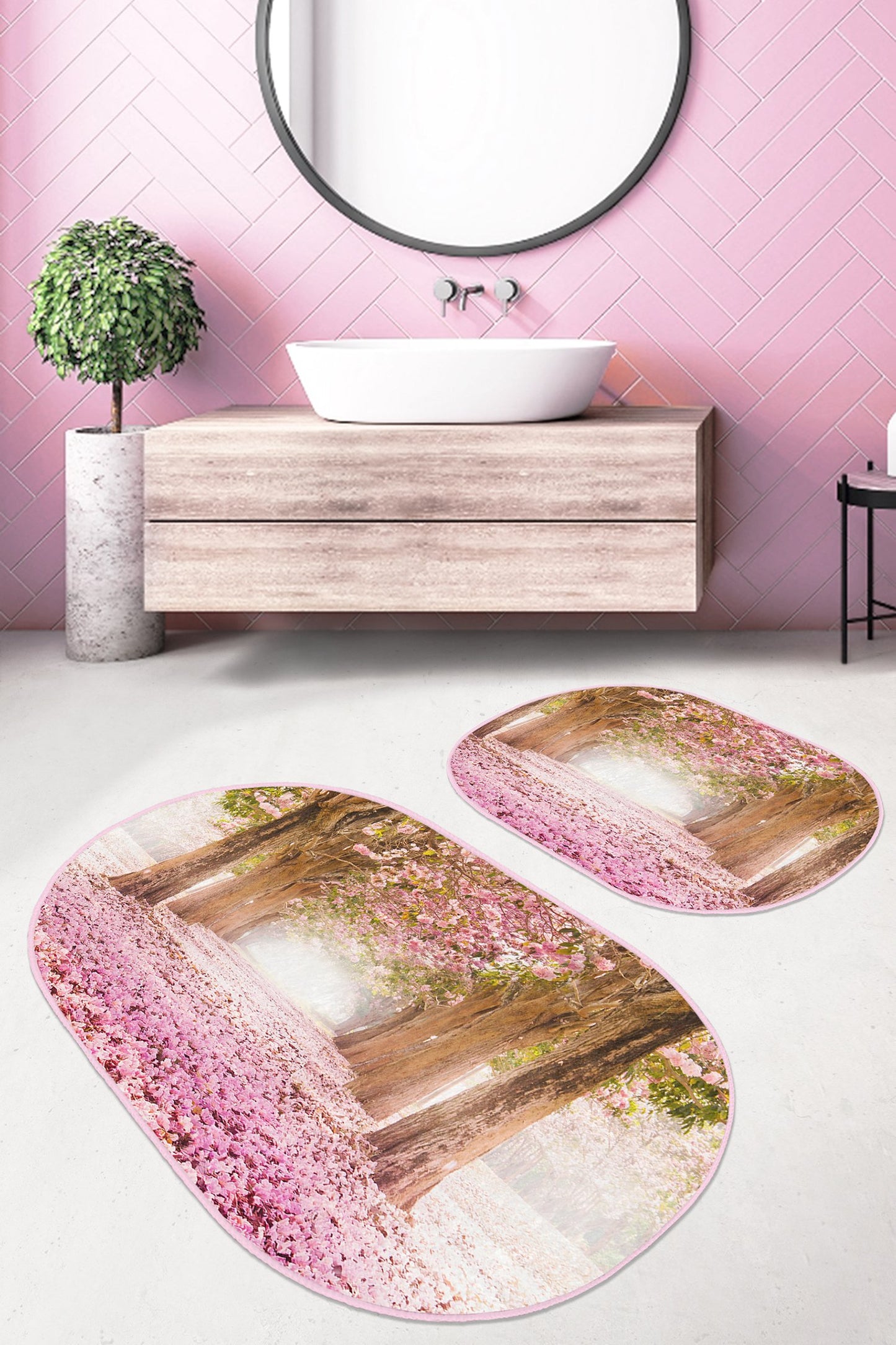 Pink Forest Pattern Bath Mat Set - Front View