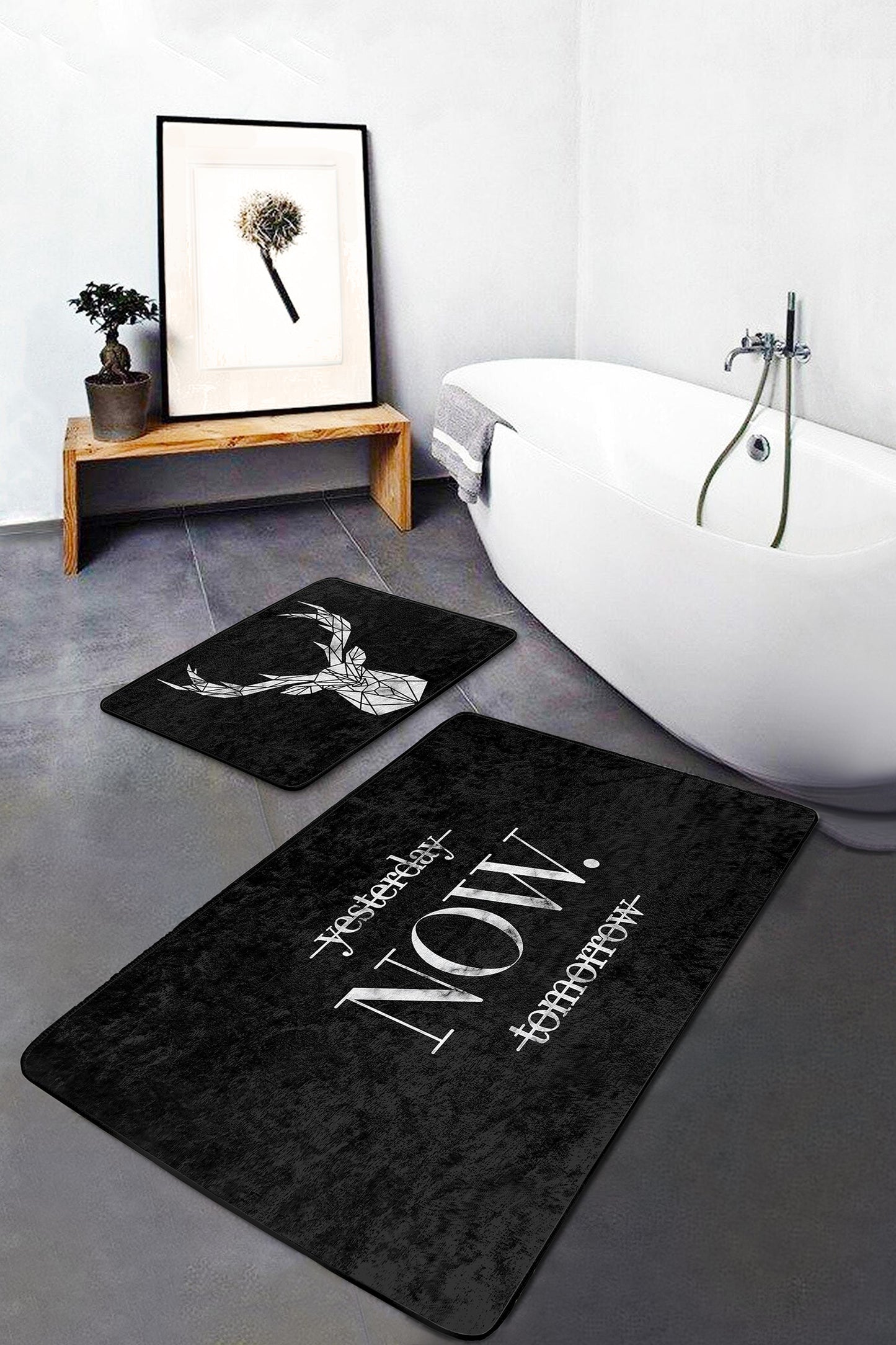 White Now Sign on Black Bath Mat Set for a Touch of Modern Elegance