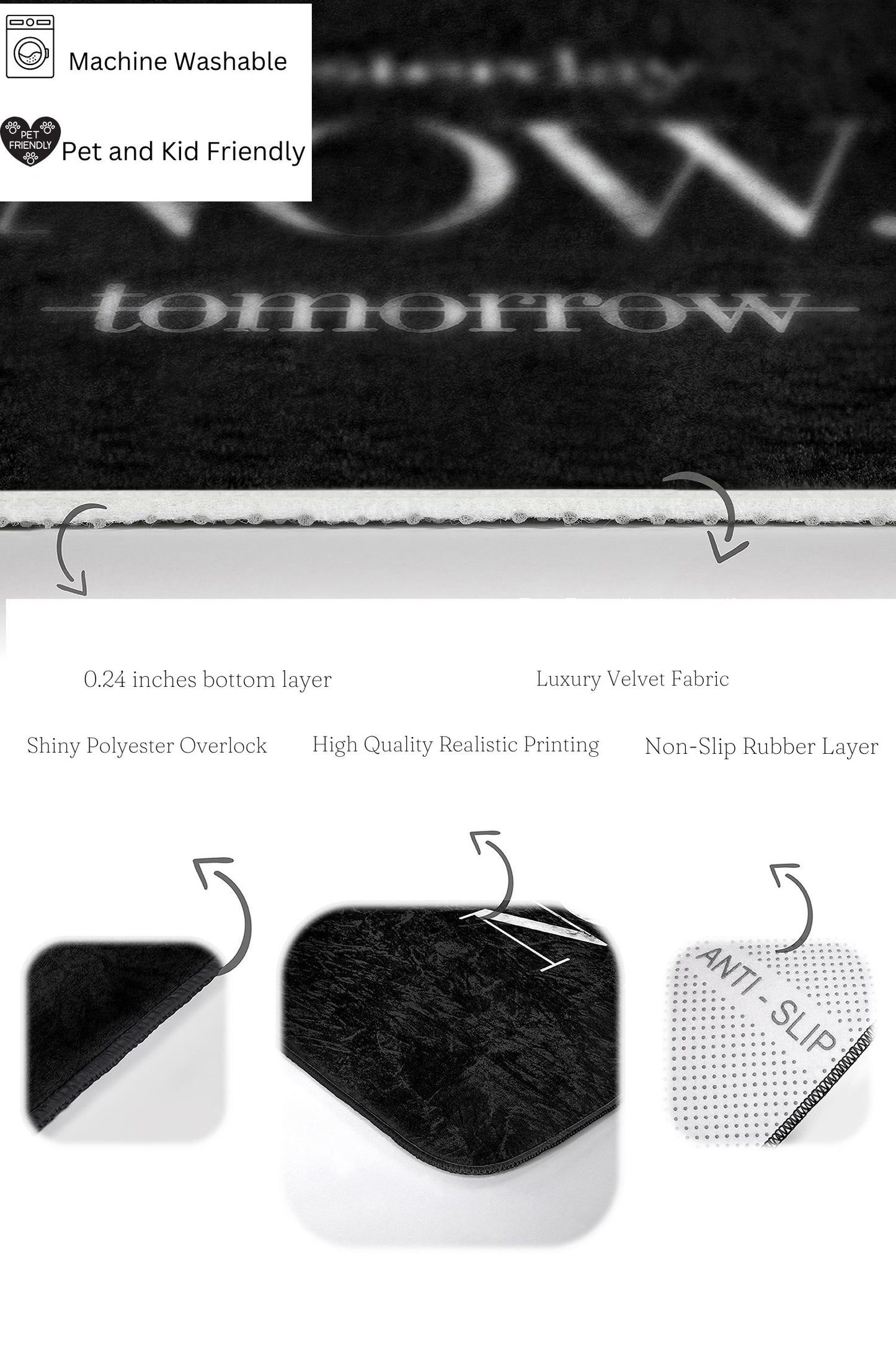 High-Quality White Now Sign on Black Bath Mat Set for Stylish Decor