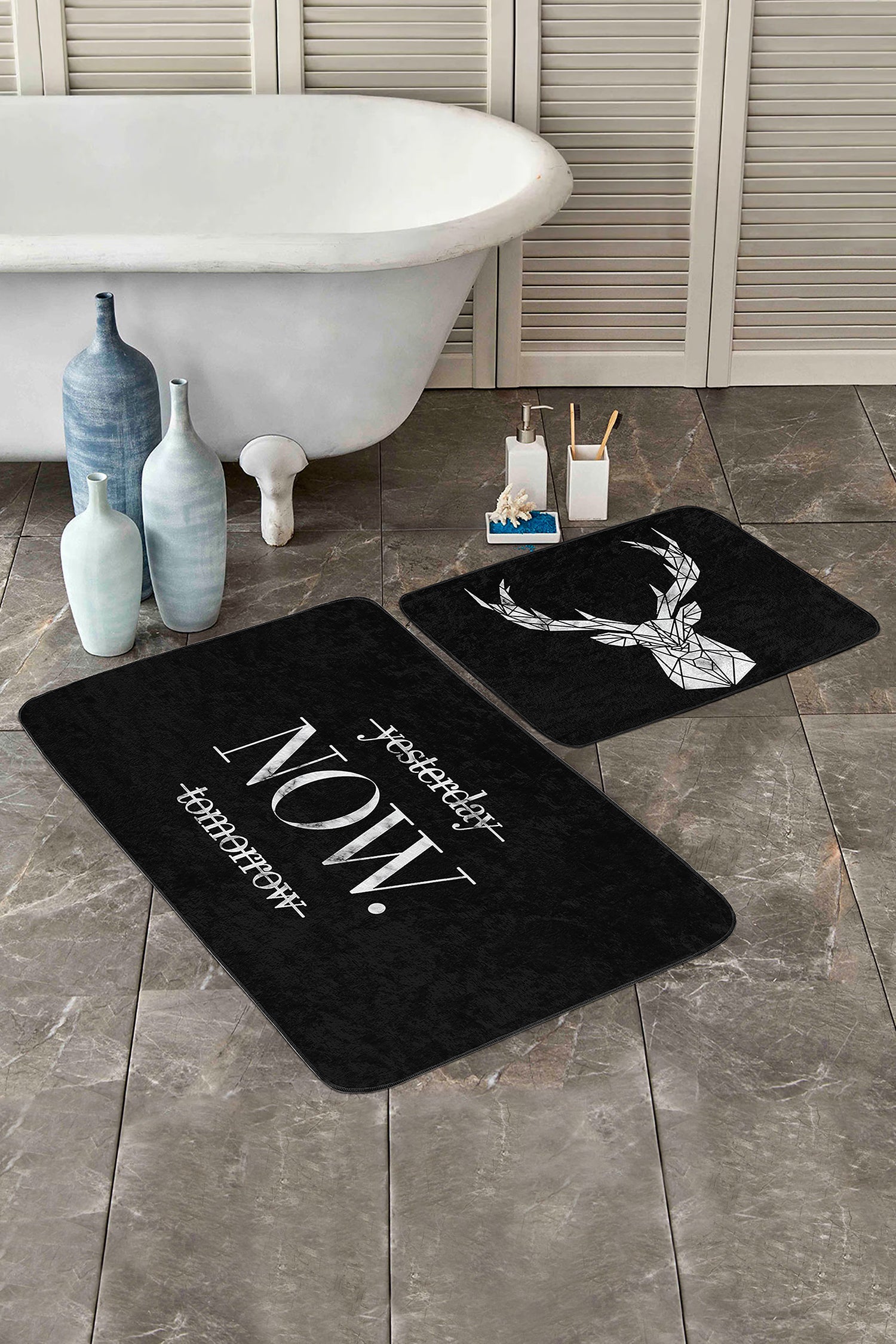 White Now Sign on Black Bath Mat Set - Front View
