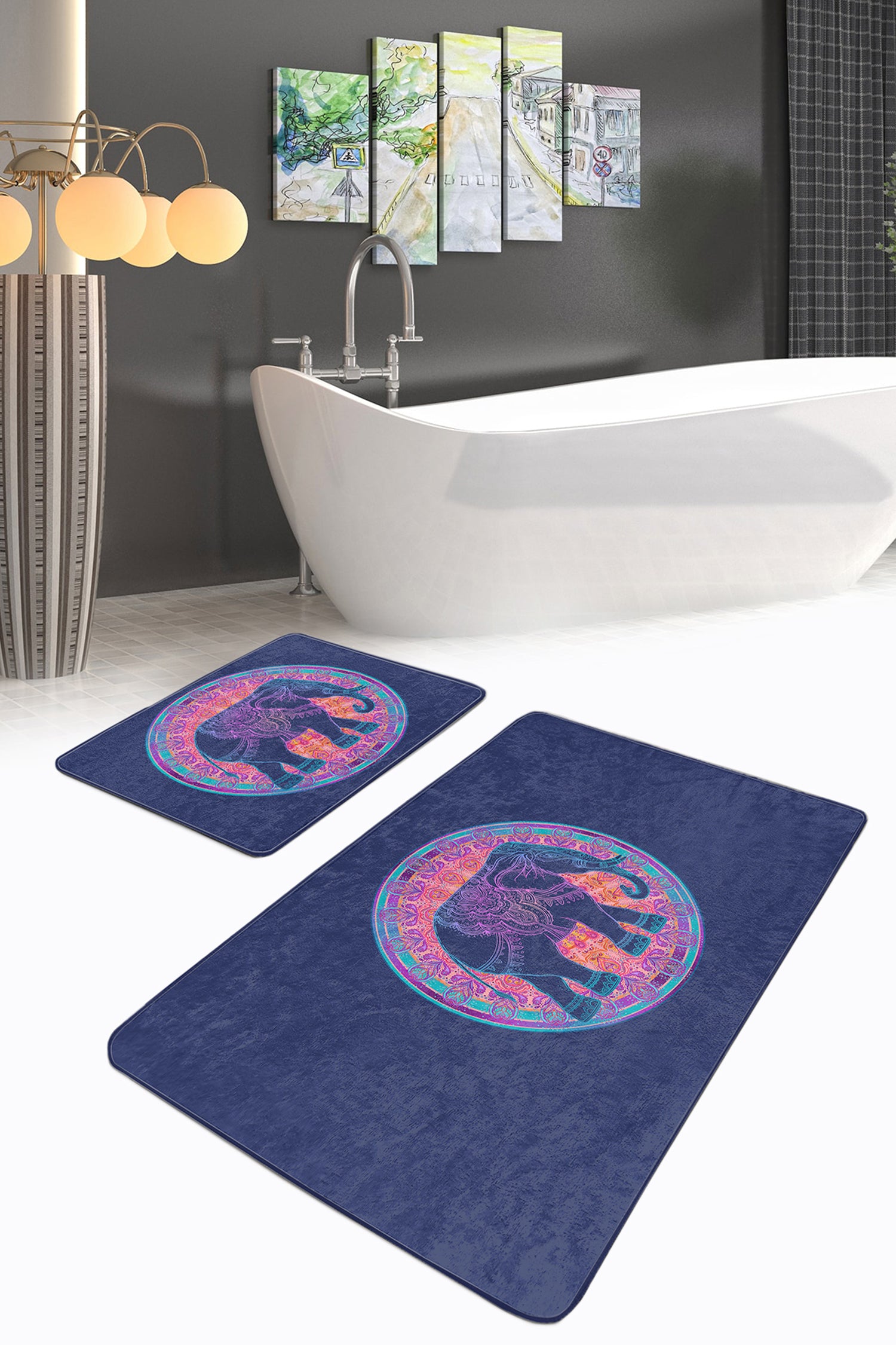Purple Elephant Pattern Bath Mat Set - Front View