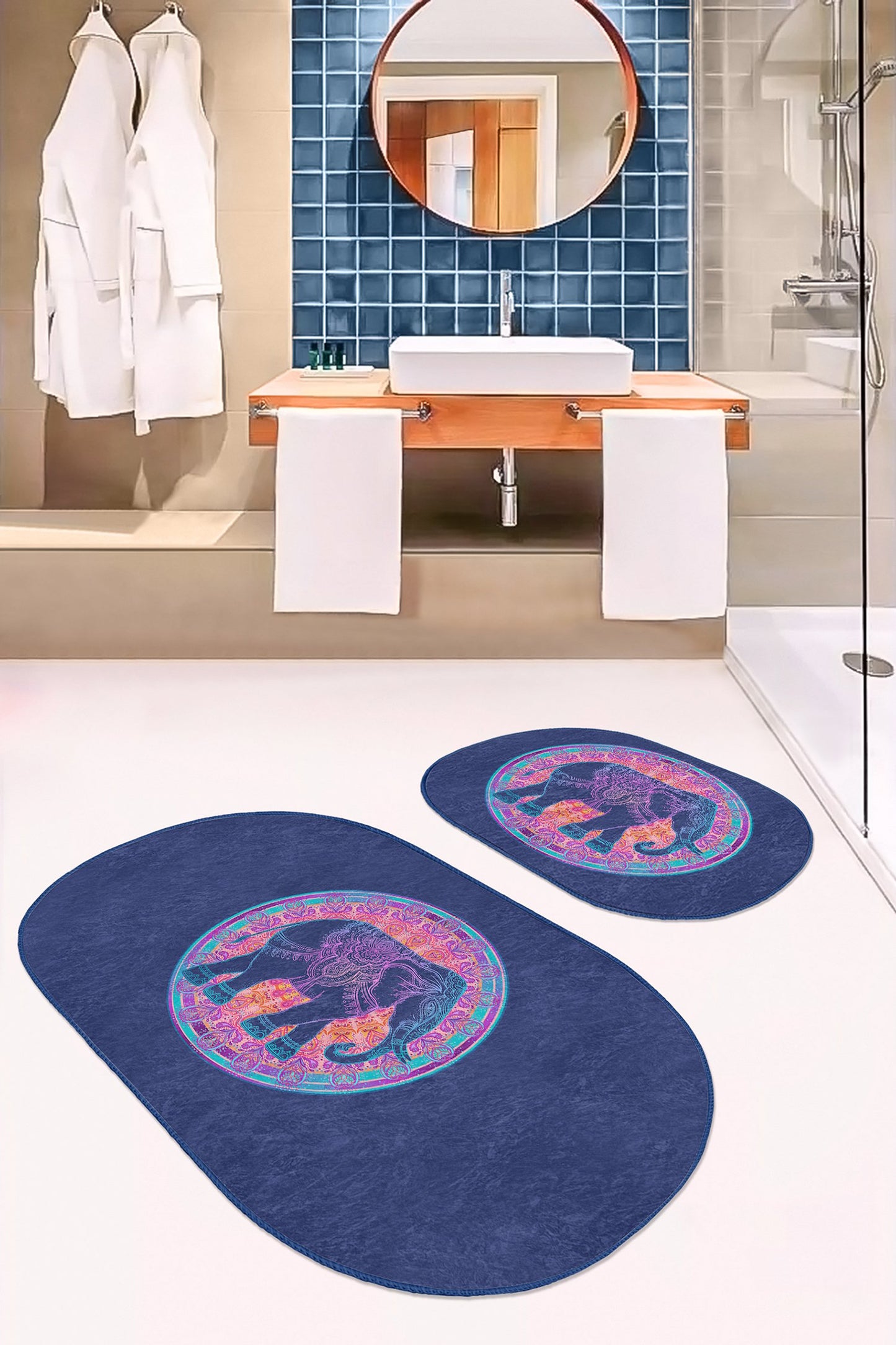 Decorative Bath Mat Set with a Charming Array of Mystic Elephant Patterns
