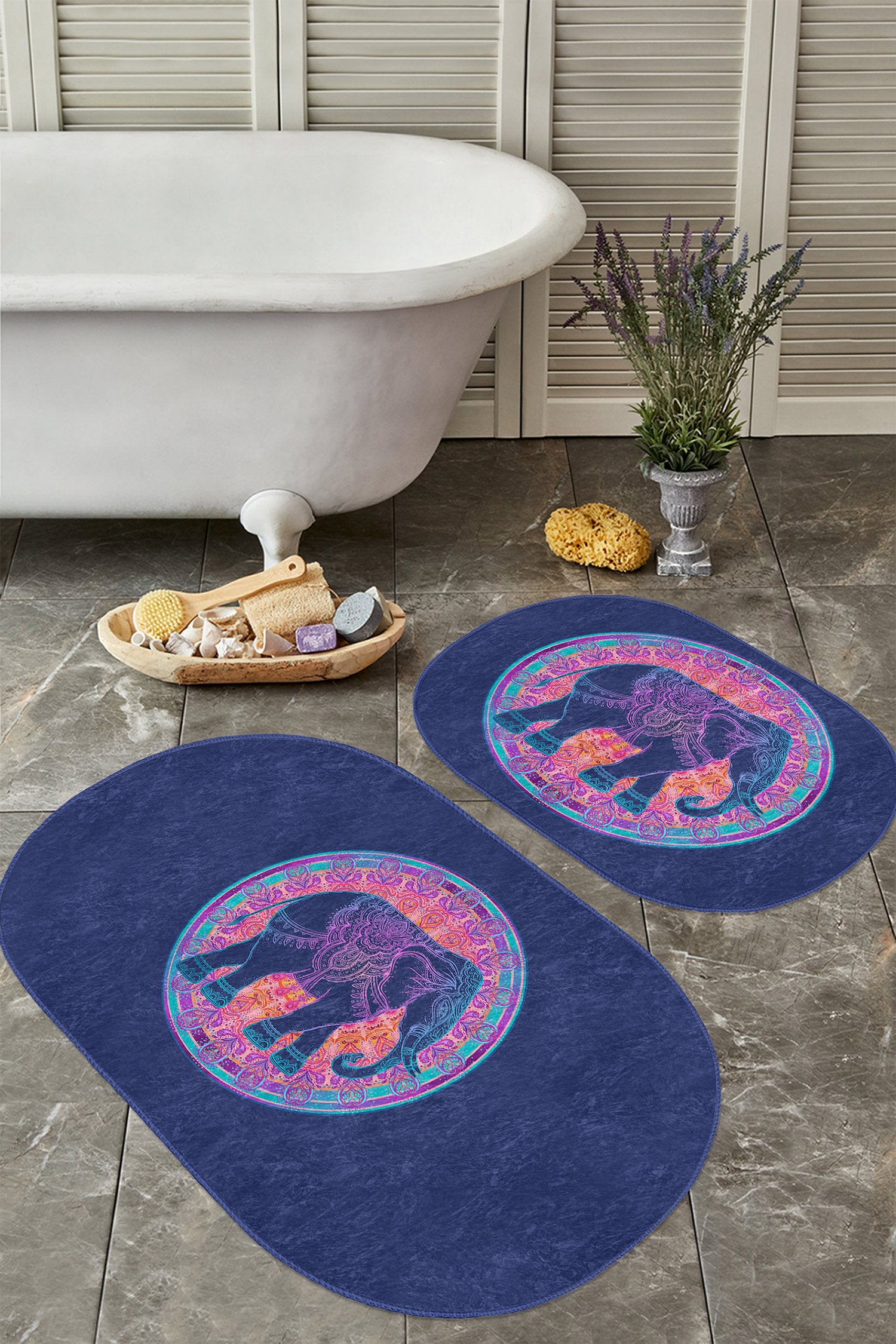 Mystic Elephant Pattern Bath Mat Set - Front View