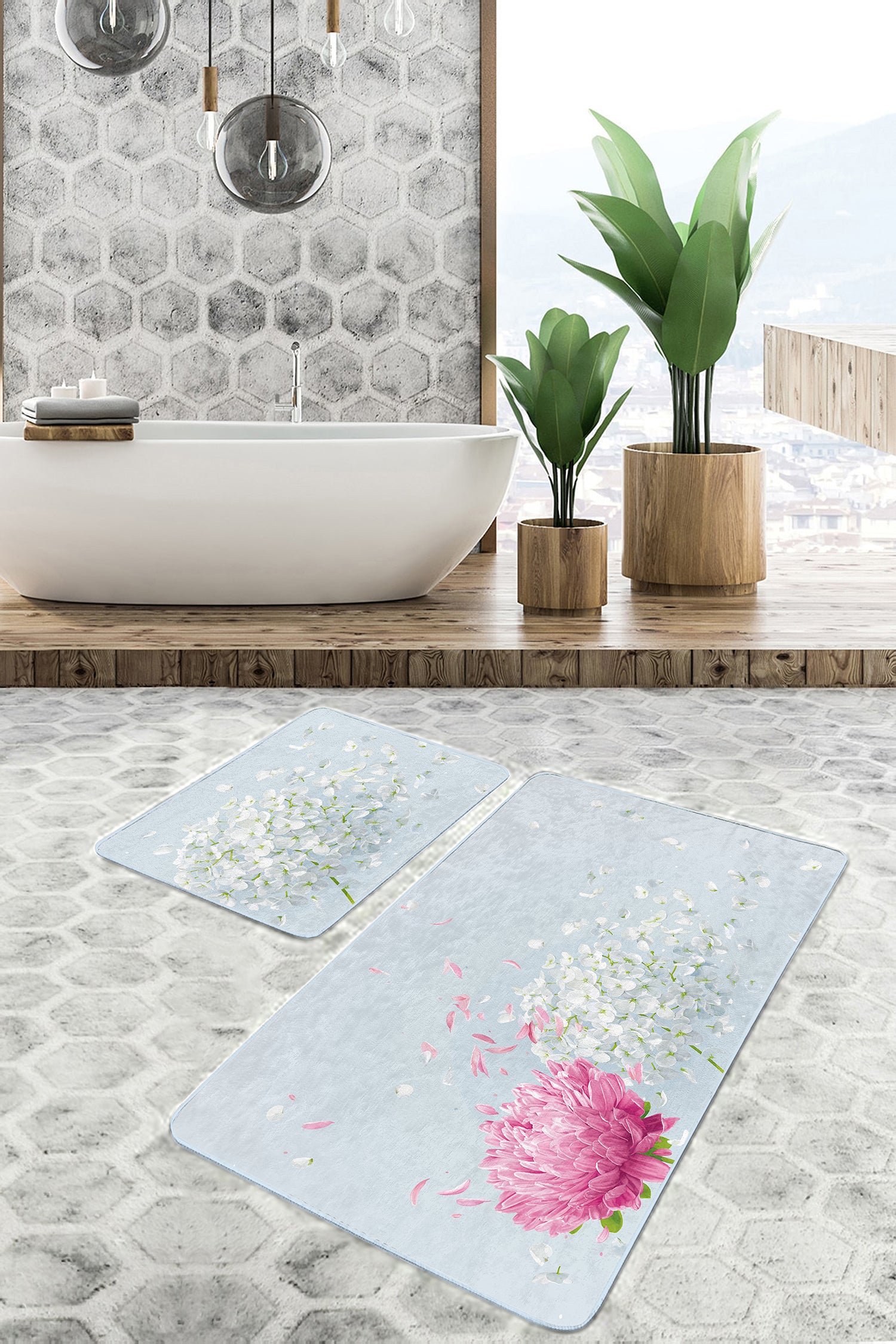 Pink Flowers Pattern Bath Mat Set for a Timeless and Inviting Beauty