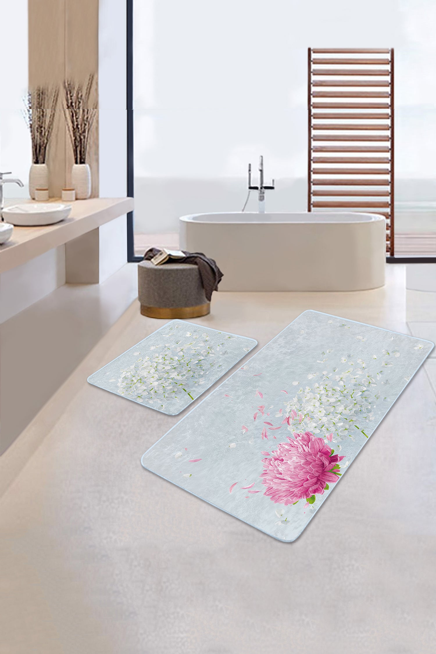 Decorative Bath Mat Set with a Charming Array of Pink Flower Patterns