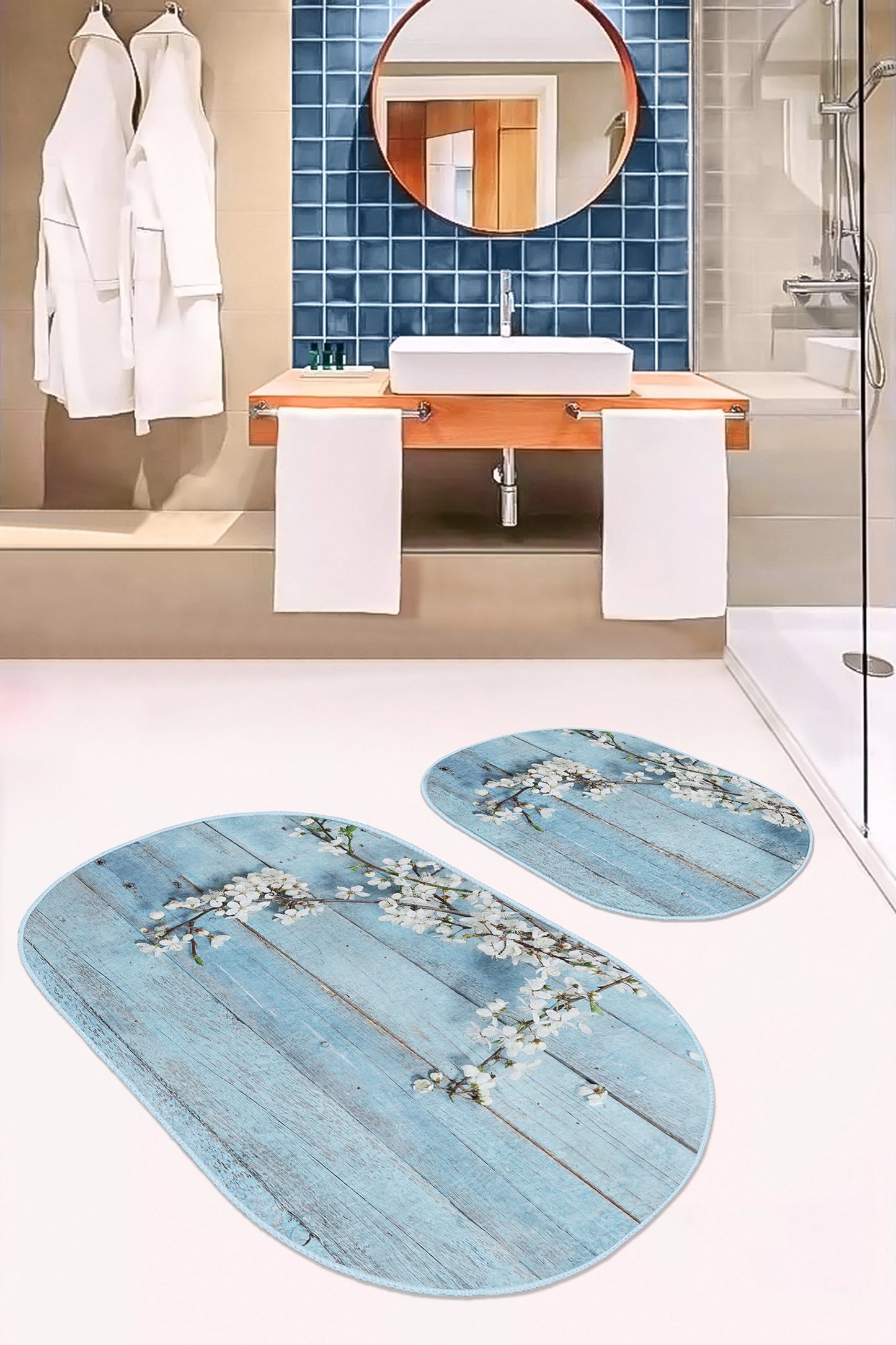 Blue Floral Bath Mat Set