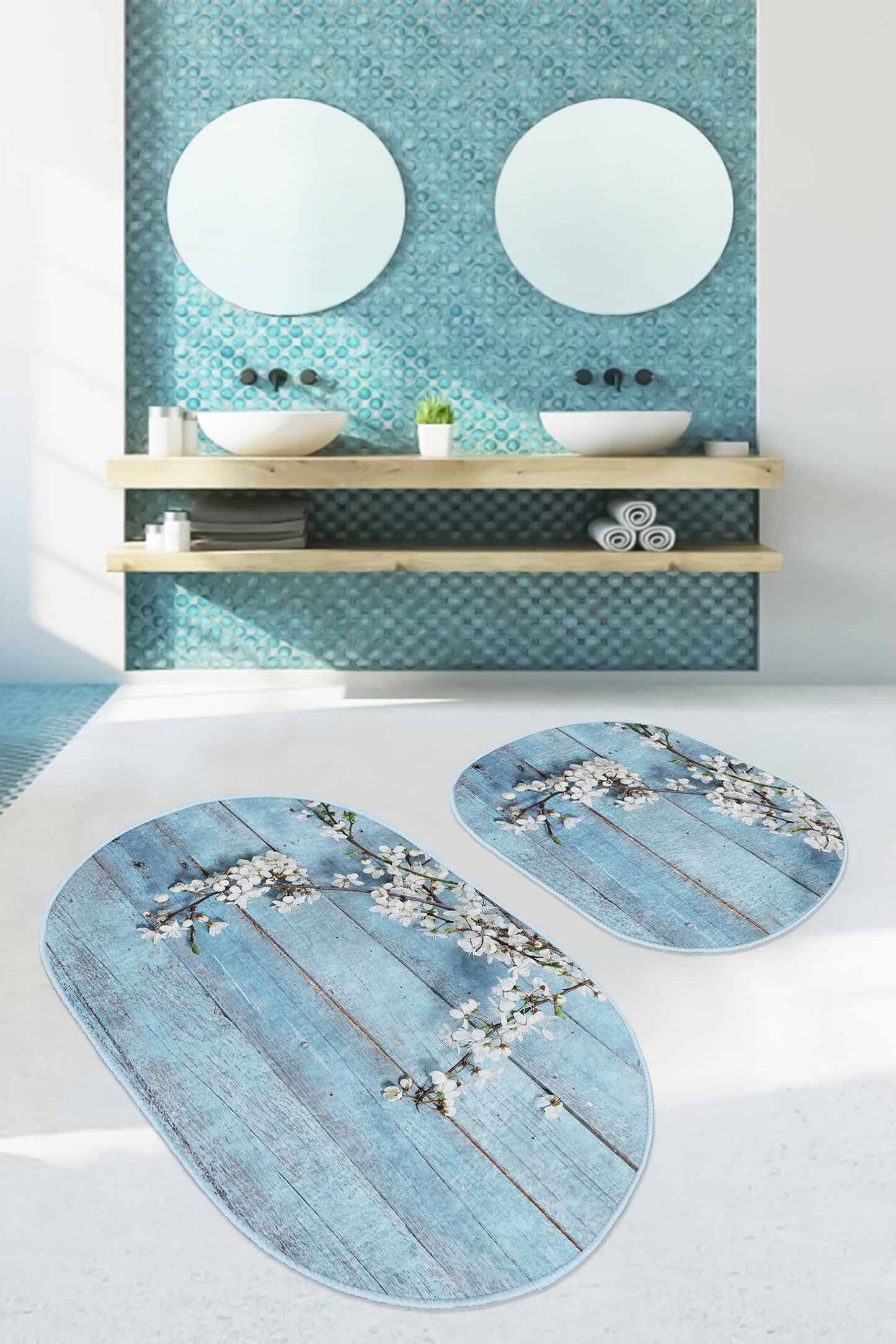 Classic Blue Floral Design Bathroom Mats