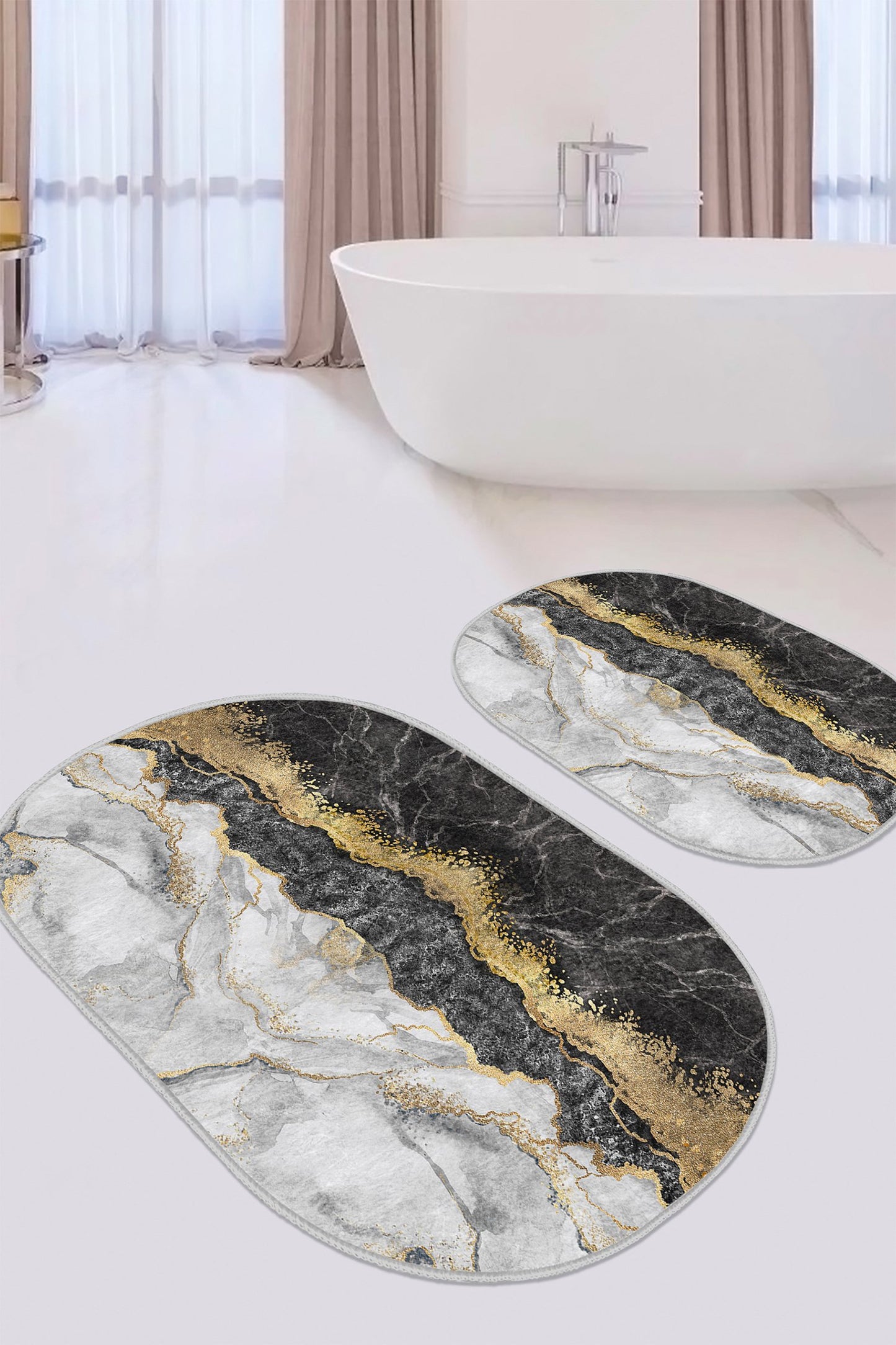 Marble Design Bathroom Bath Mat Set - Front View