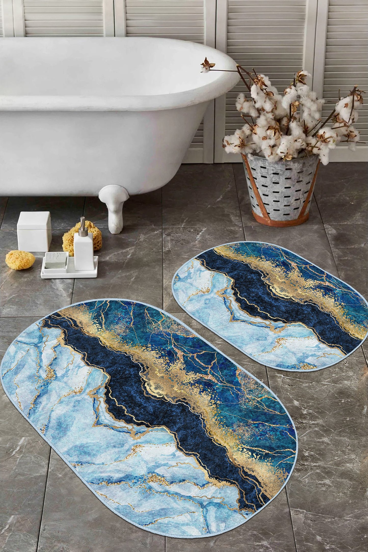 Decorative Bath Mat Set with a Charming Array of Blue Marble Patterns