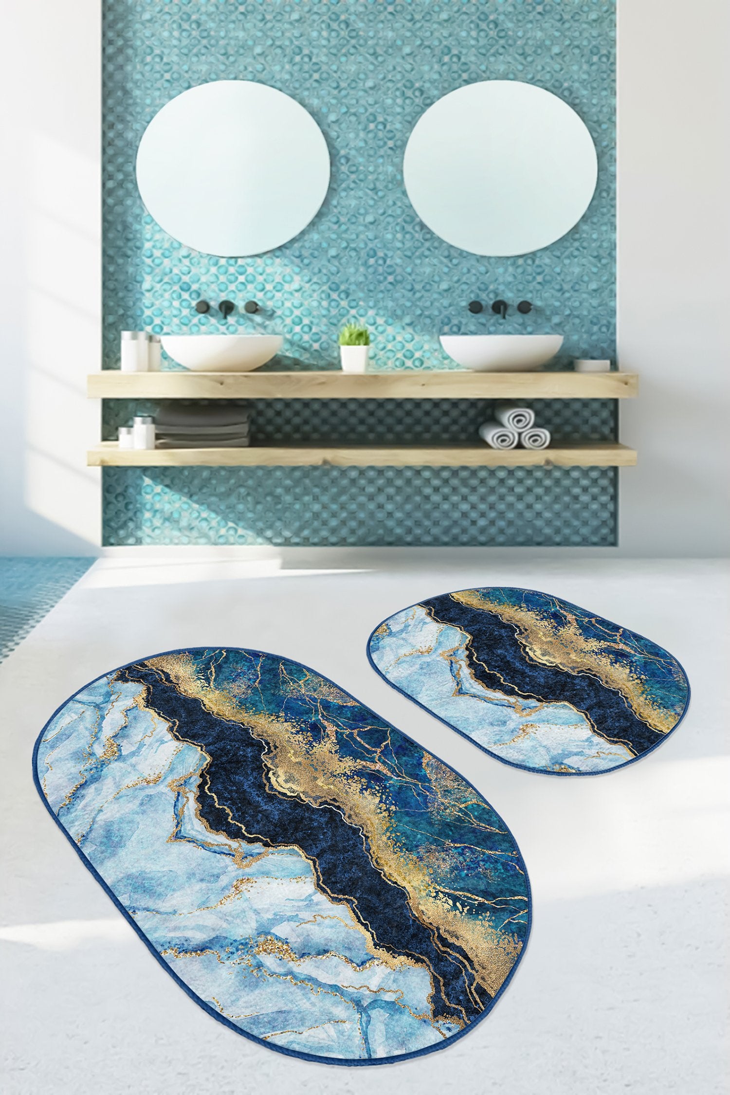 Blue Marble Pattern Bath Mat Set - Front View