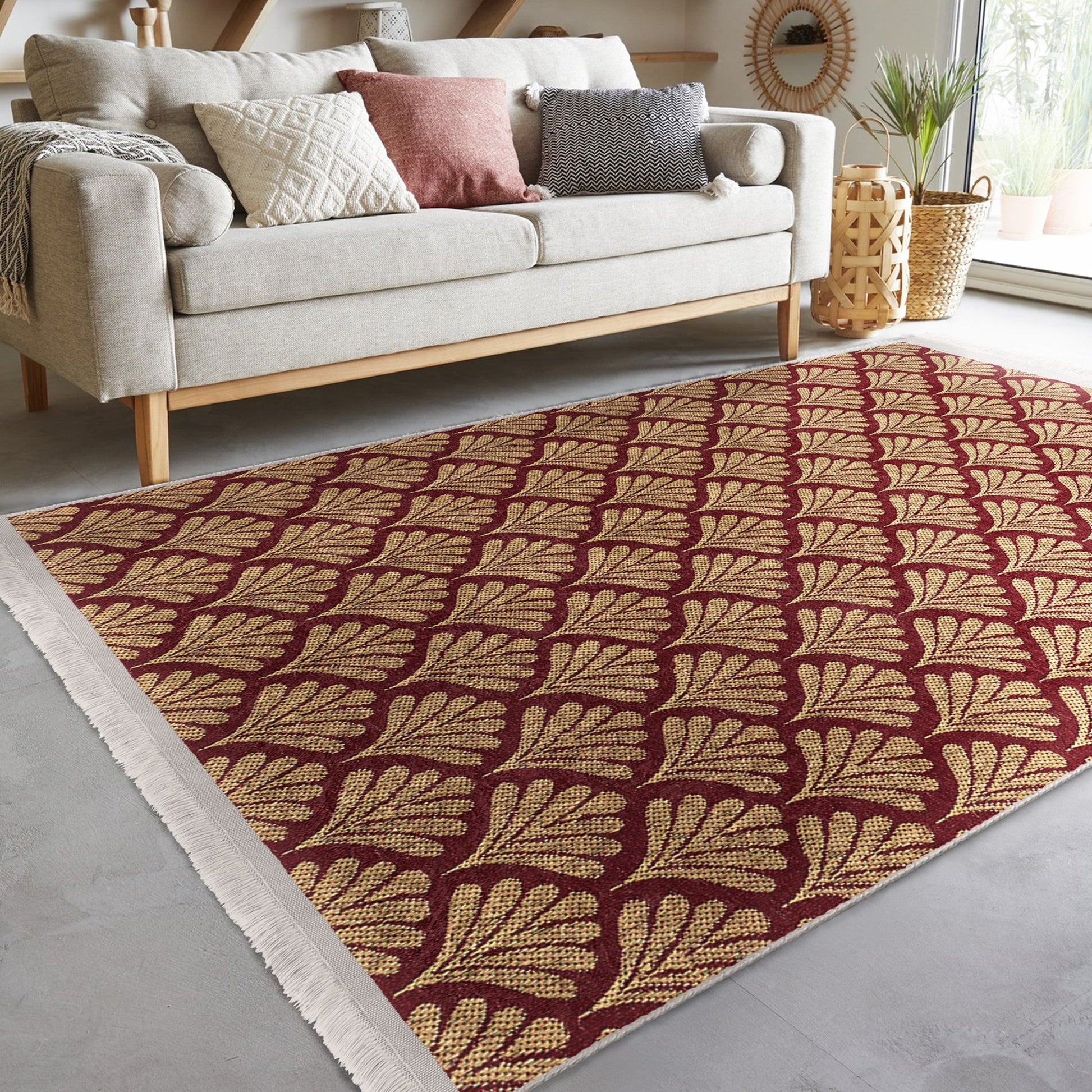 Leaf Pattern with Gold Motif Rug - Front View