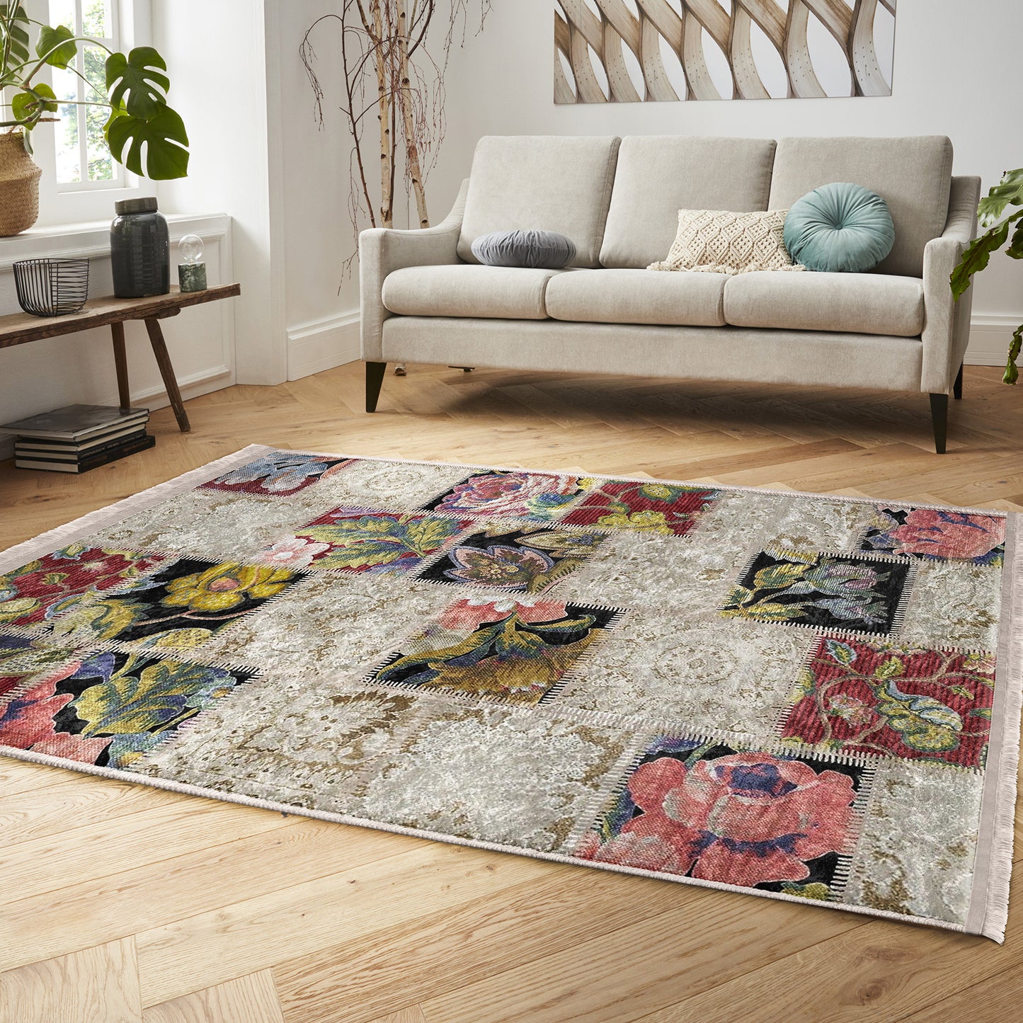 High-Quality Floral Design Checked Area Rug for Stylish Decor