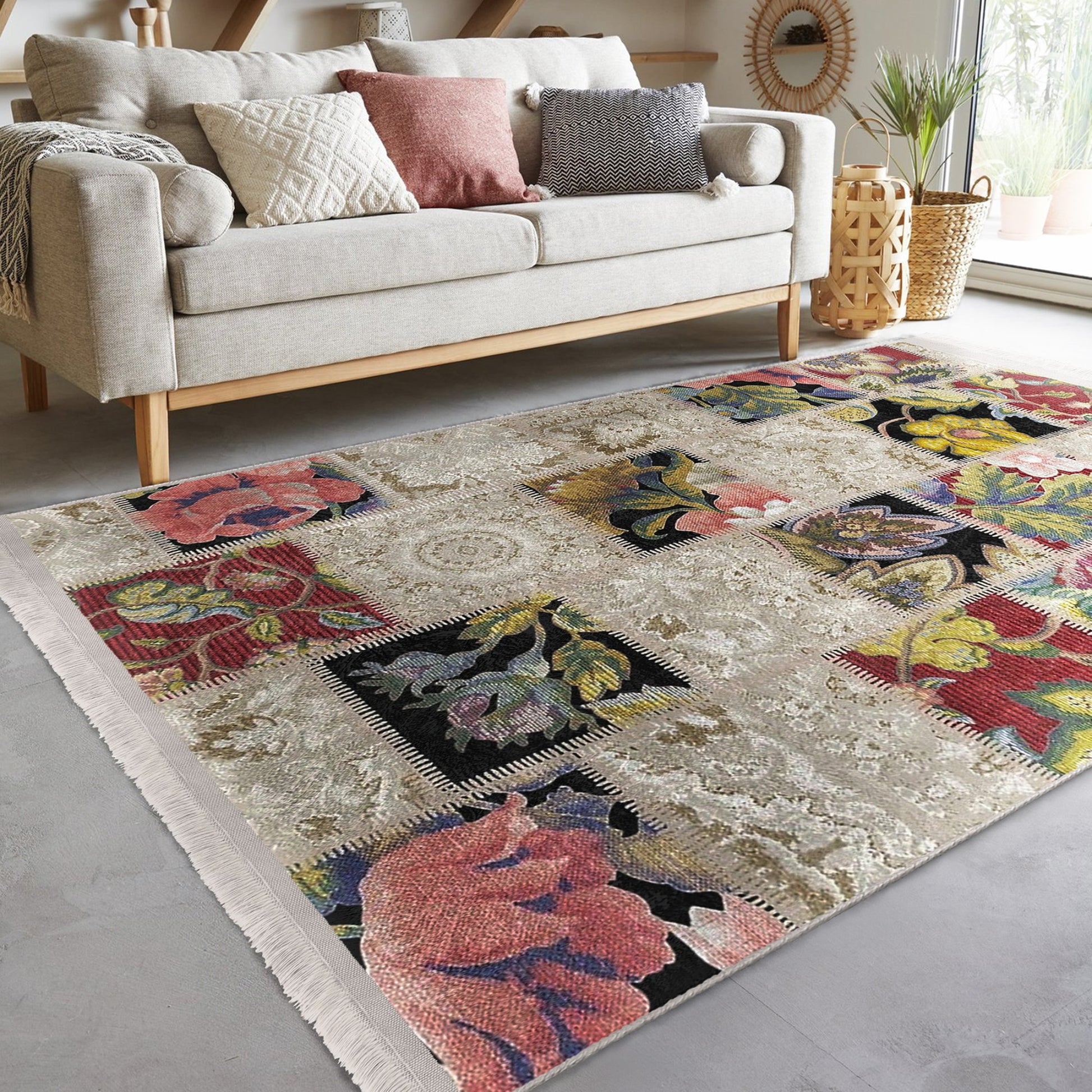 Floral Design Checked Area Rug - Front View