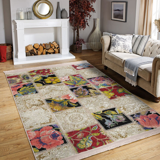 Floral Pattern Square Area Rug - Front View