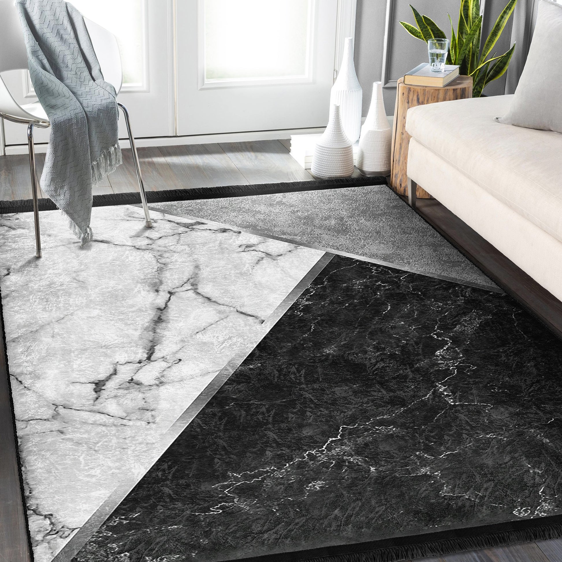 Functional and Stylish Area Rug with Black White Marble Craftsmanship